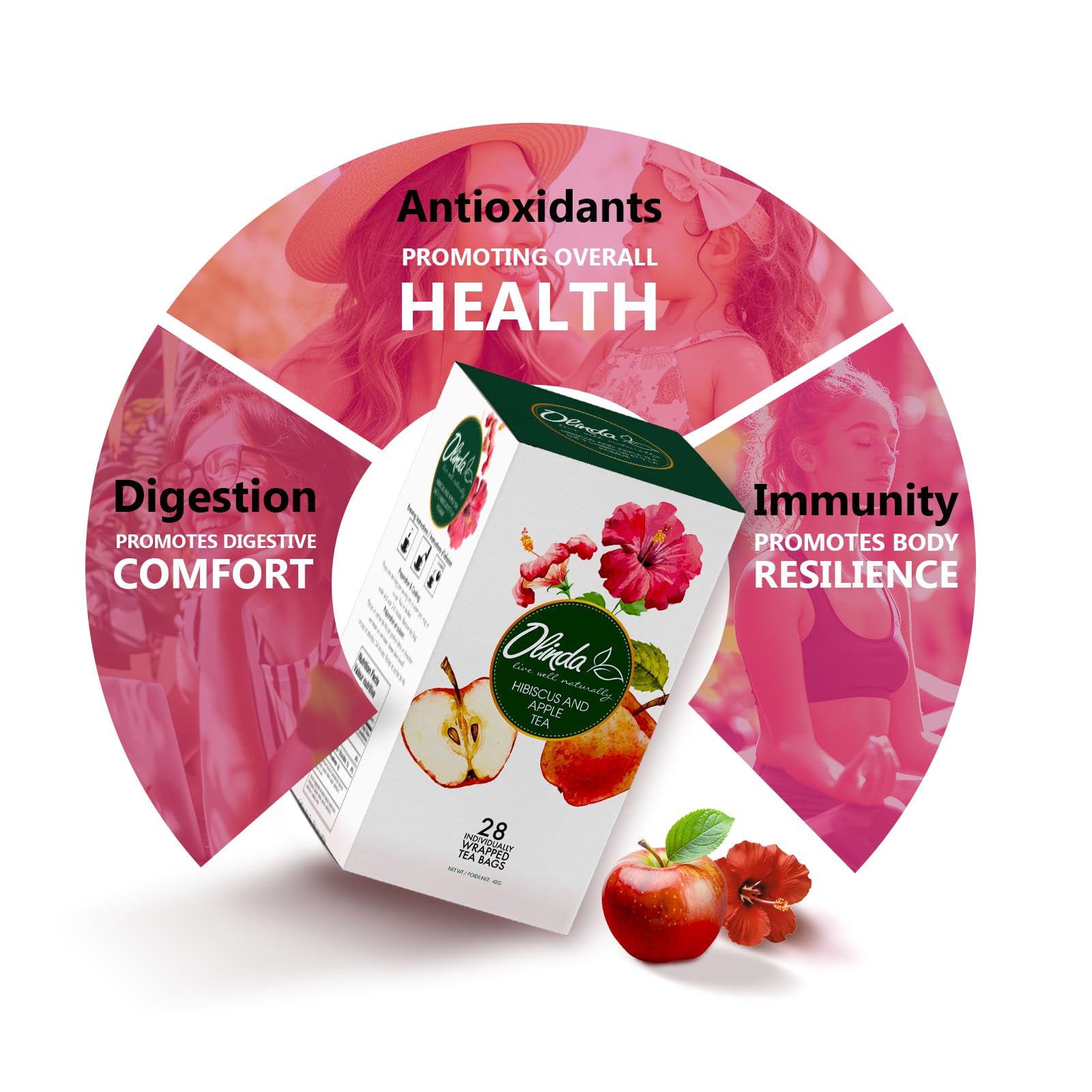 Organic Hibiscus & Apple Herbal Tea Bags - Caffeine Free, Natural Fruit Blend for Hot or Iced Tea - 28 Count Pack - Perfect for Relaxation, Detox & Fall Beverages