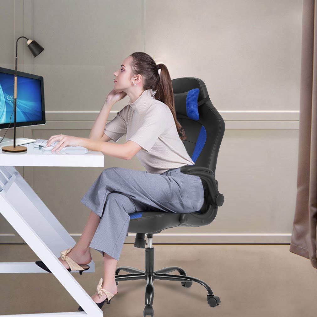 Premium Ergonomic Gaming Chair with Massage & Lumbar Support - Heavy Duty Racing Office Chair with Adjustable Flip-Up Arms & Headrest - Perfect for Home Office, Gaming Setup & Workstation - Blue
