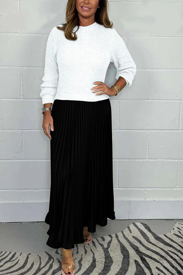 Stylish Knitted Round Neck Long Sleeve Patchwork Pleated Hem Maxi Dress for Women | Elegant Boho Chic Winter Dress | Perfect for Holiday Parties, Date Nights & Casual Outings