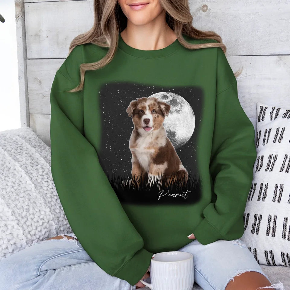 Custom Vintage Full Moon Pet Photo Sweatshirt - Personalized Dog Cat Lover Gift - Cozy Pullover for Family Matching Outfits, Couple Wear & Pet Memorial