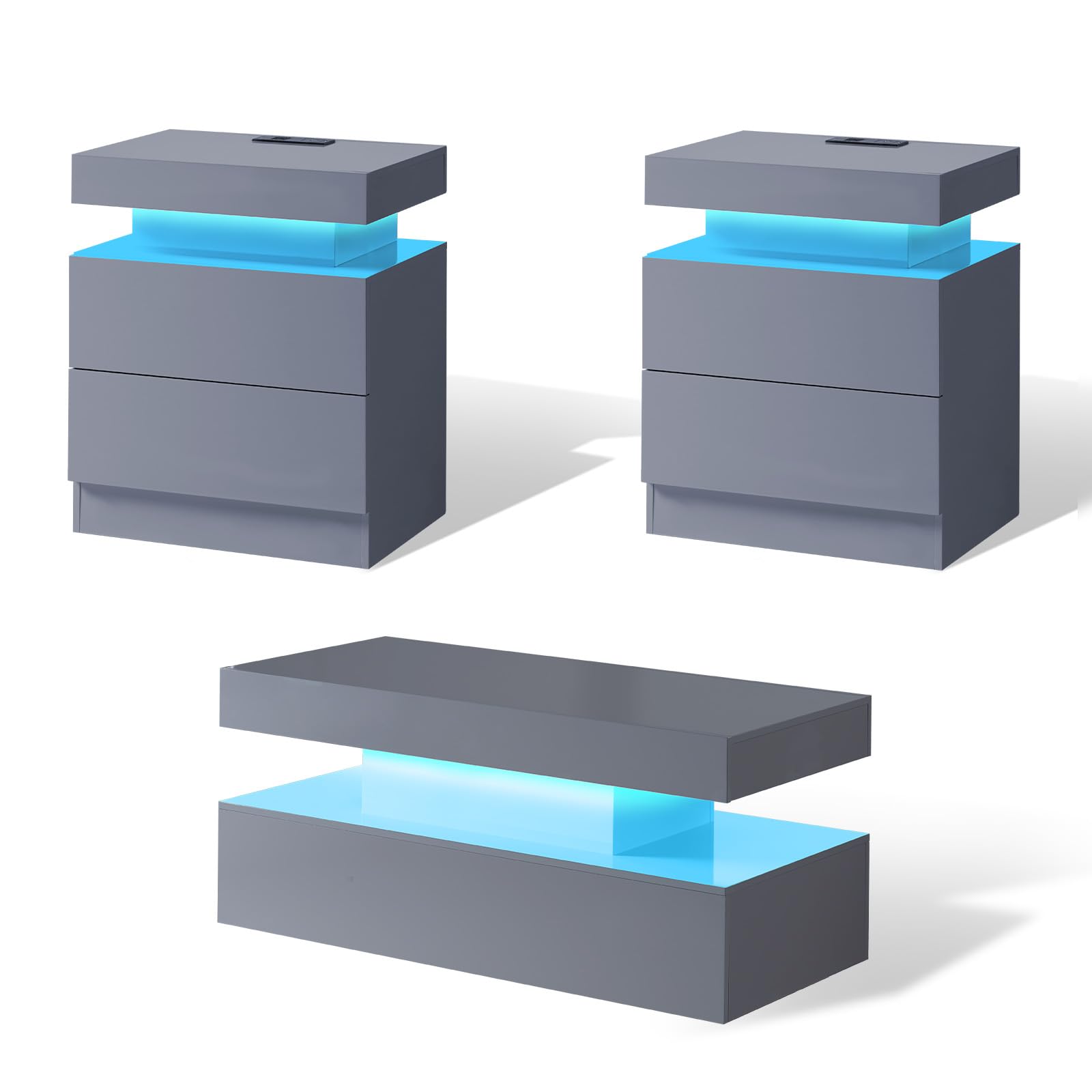 AMERLIFE 3-Piece Modern LED Coffee Table Set - High Gloss Living Room Tables with 2-Tier Center Table & 2 Side Tables, Nightstand with USB Charging Station, Gray - Perfect for Living Room, Bedroom & Small Space Decor