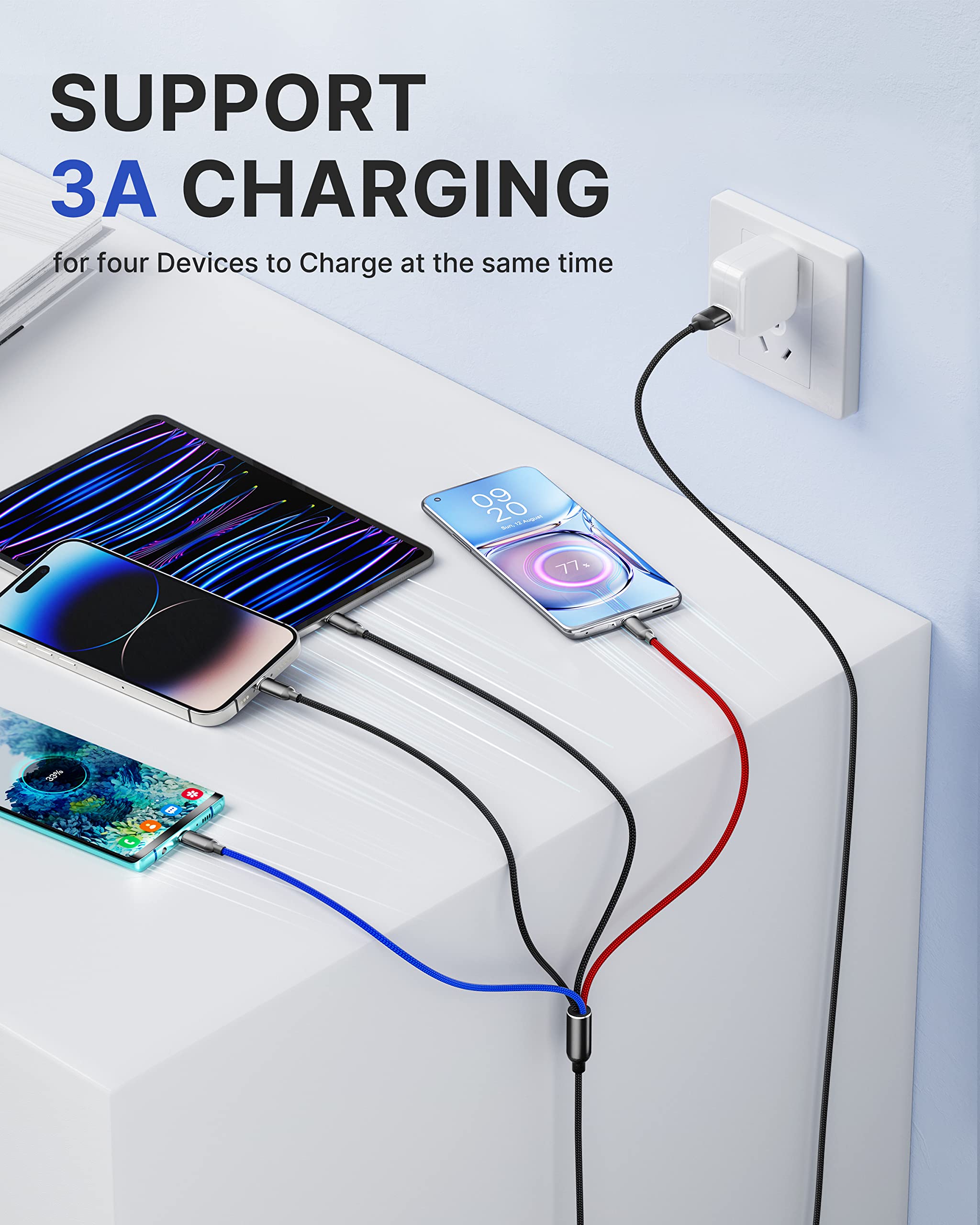 2-Pack 3.5A Fast Charging Cable 4-in-1 Nylon Braided Multi Charger - USB C/Micro USB Compatible with iPhone, Samsung, LG, PS4, Tablets & More | Perfect for Home, Office & Travel Charging