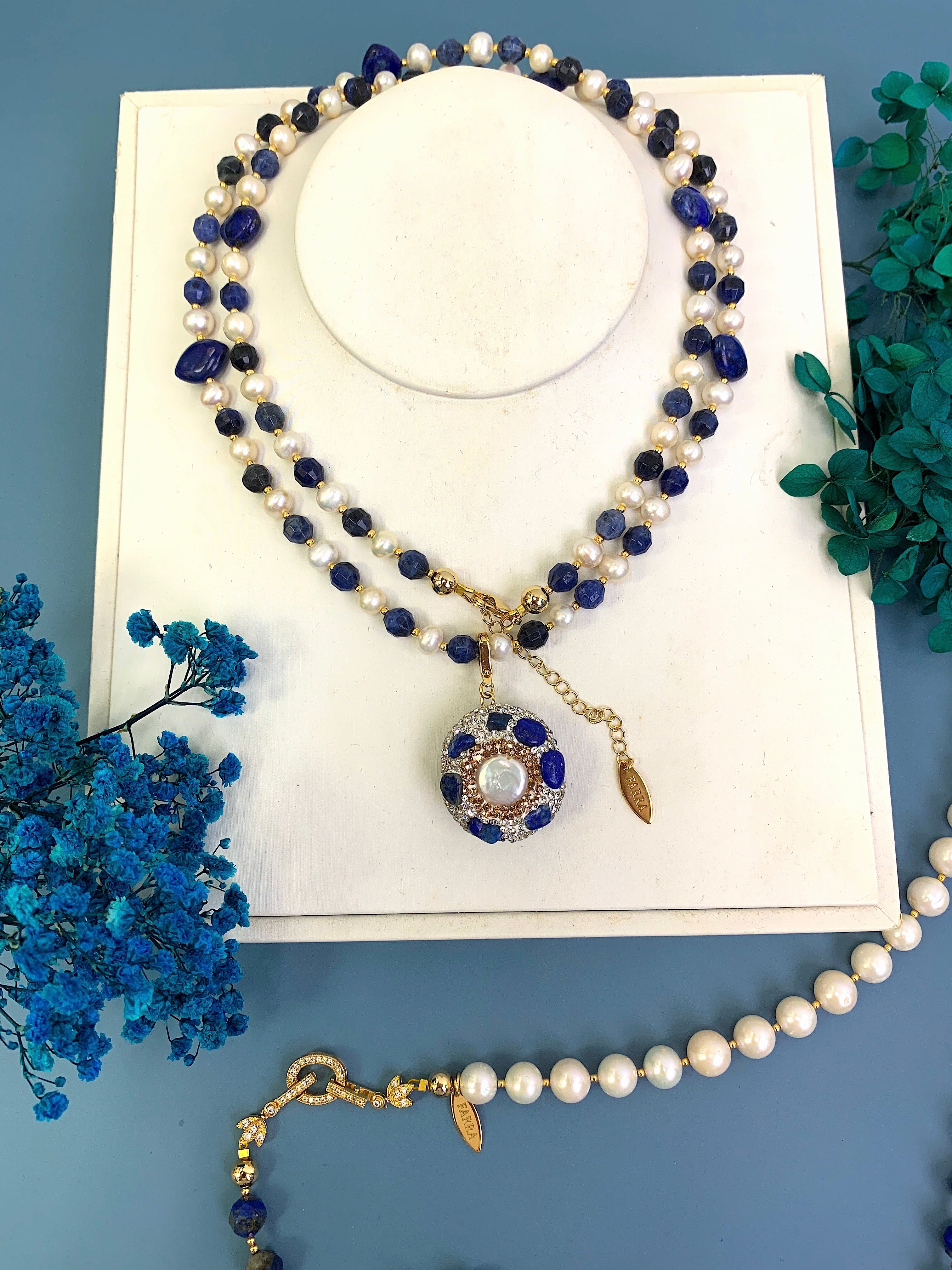 Elegant Freshwater Pearls with Lapis Lazuli & Sodalite Multi-Way Adjustable Necklace HN005 | Perfect for Weddings, Parties & Special Occasions
