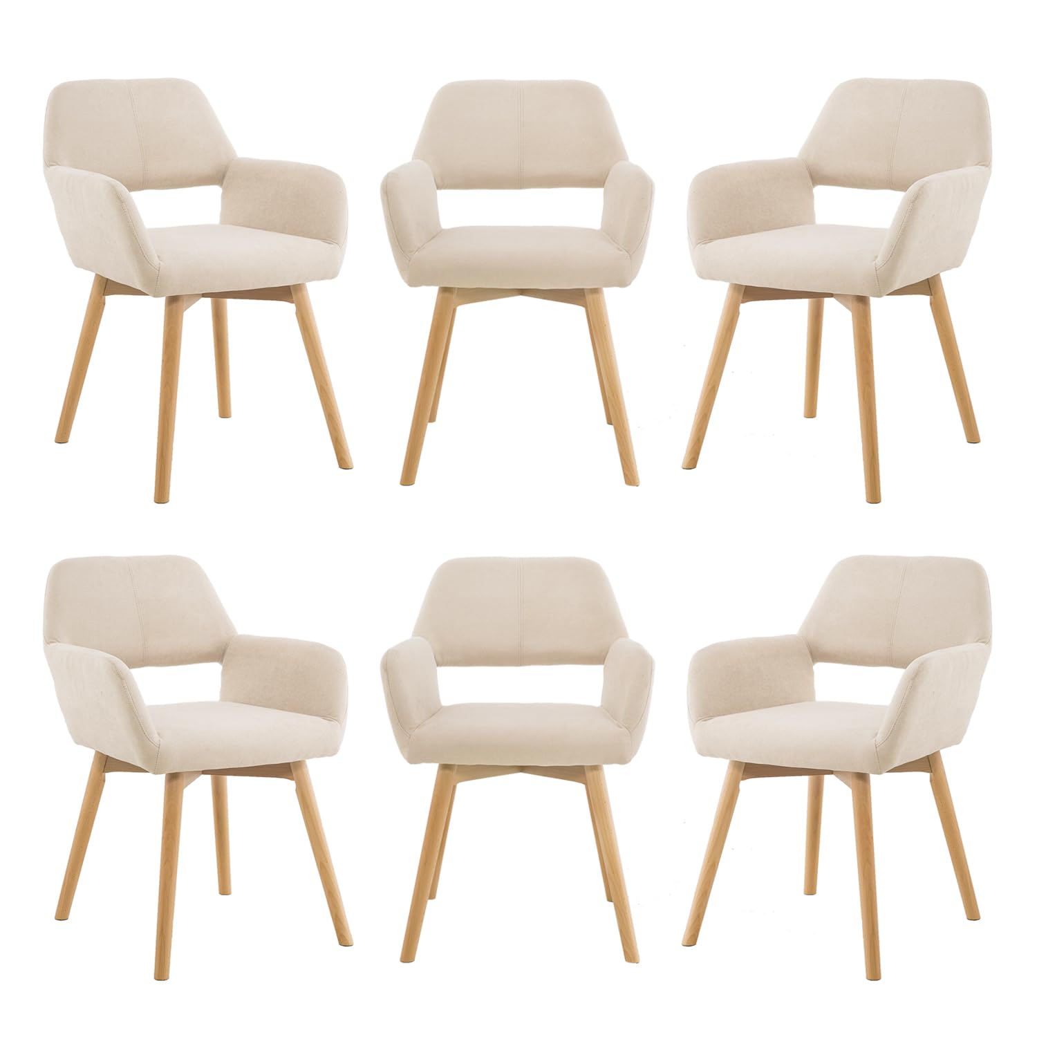 Mid Century Modern Dining Chairs Set of 6, 4 & 2 - Upholstered Accent Chairs for Kitchen, Dining Room, Living Room, Bedroom, Home Office & Waiting Room - Comfortable Arm Desk Chair Without Wheels (Beige, 6 Pack) - Perfect for Entertaining Guests, Family Dinners & Home Decor