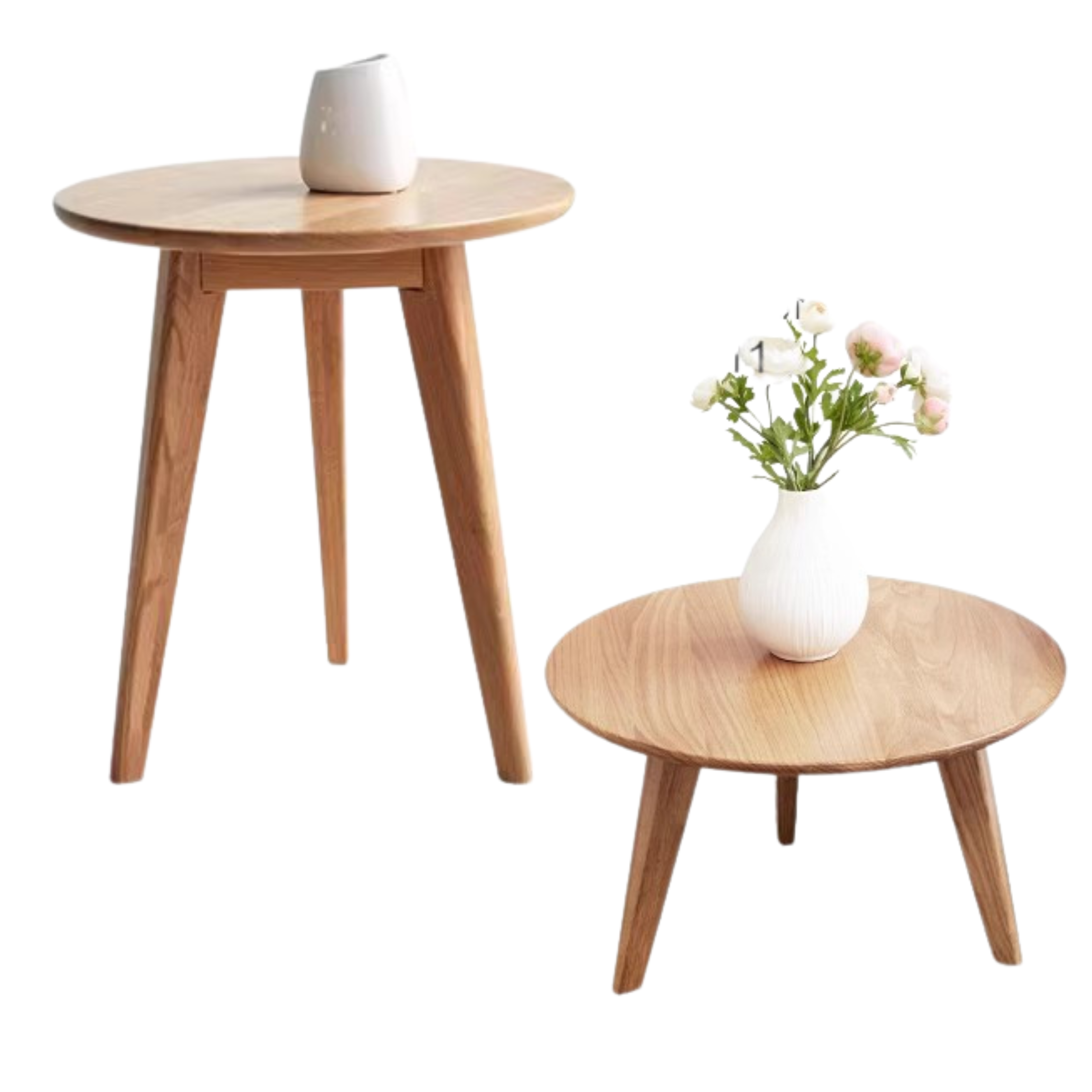 17.7x17.7x19.7 inch / 45x45x50сm + 23.6x23.6x13.4 inch / 60x60x35сm / Natural wood color / Oak wood  high round table + small round table
