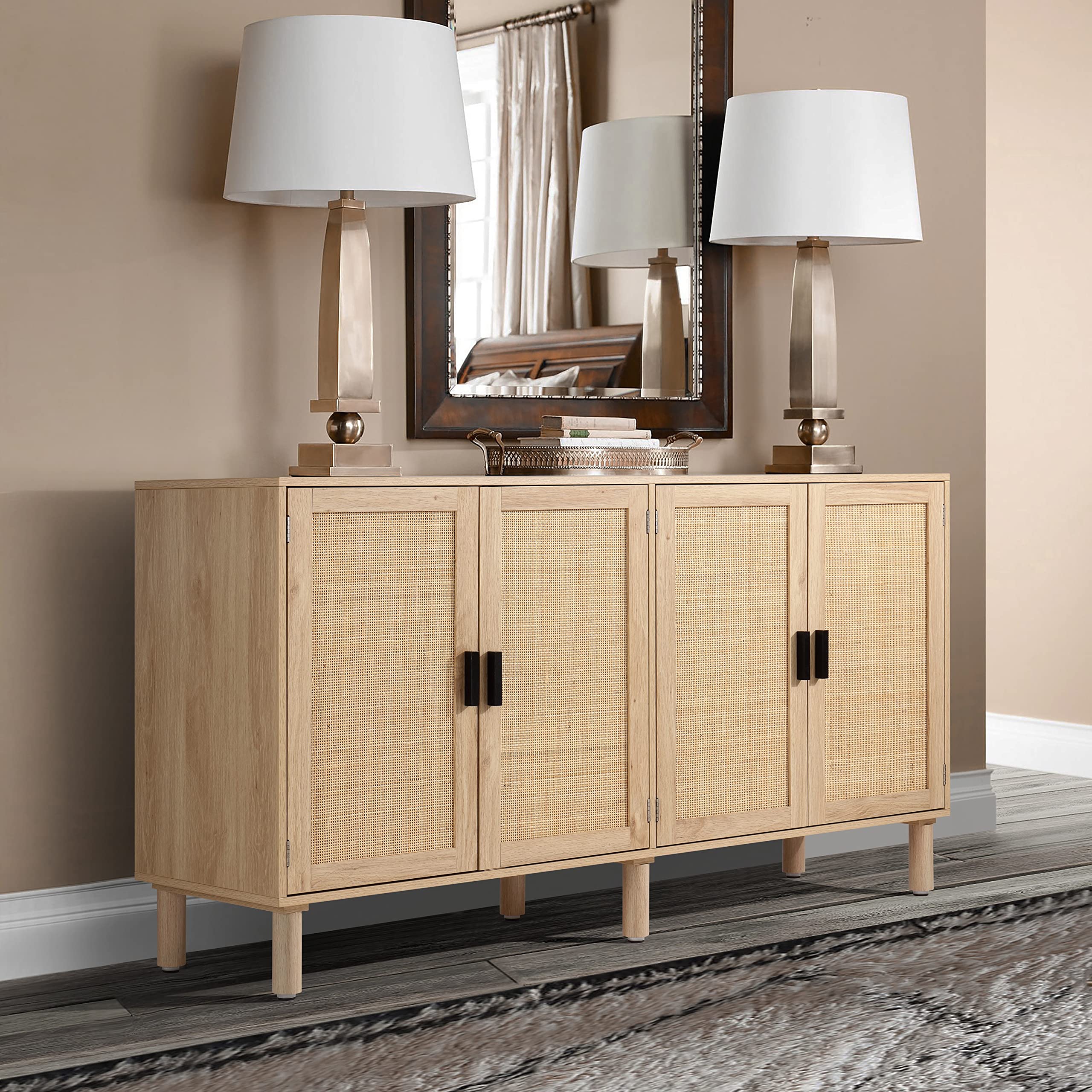 Finnhomy 4-Door Sideboard Buffet Cabinet with Rattan Doors - 62.3