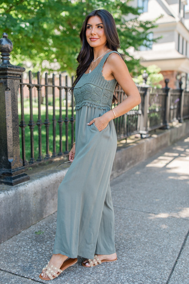 Keep The Peace Olive Green Crochet Top Jumpsuit - Women's Boho Summer Outfit for Beach, Vacation & Music Festivals