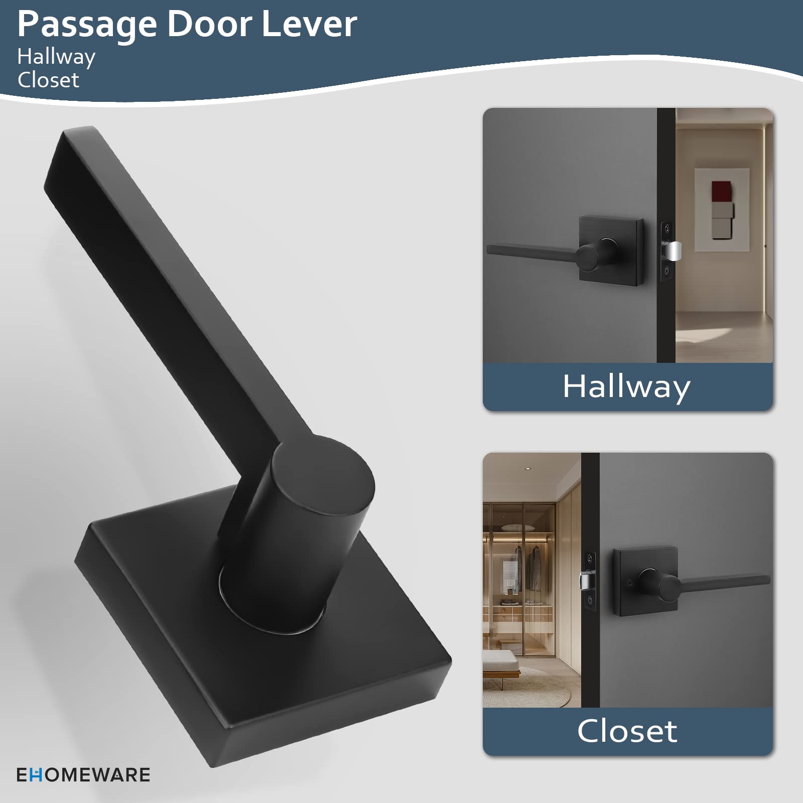 EHOMEWARE 5-Pack Matte Black Door Handles - Heavy Duty Interior Door Knobs with Keyless Design for Hallway, Closet & Bedroom - Modern Matte Black Door Levers for Home & Office Use