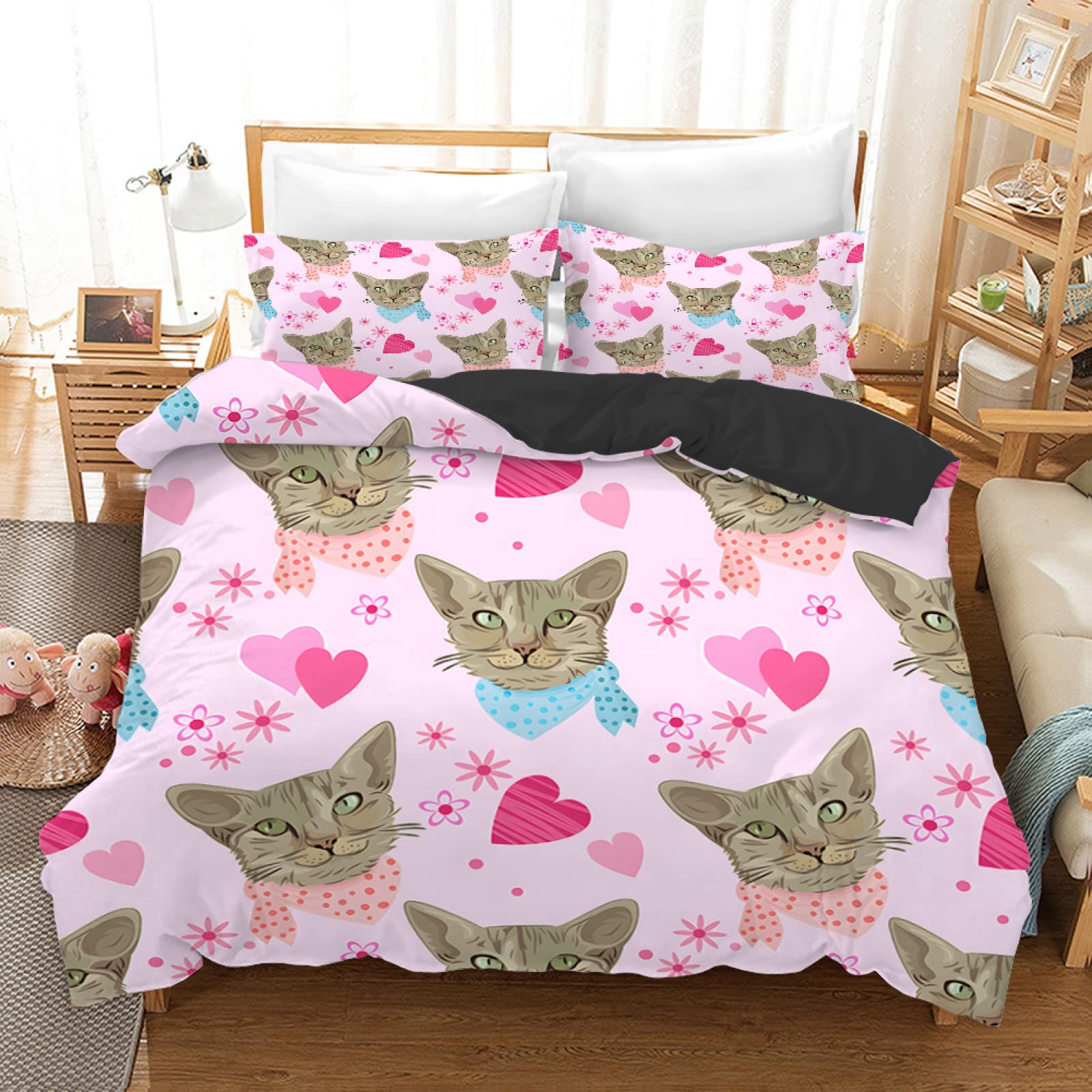 King Size Comforter Set - Pink & Blue Cat Print 100g/㎡ Microfiber Bedding Set with 2 Pillowcases (20x26) - Soft Queen Comforter for Bedroom Decor, Kids Room, Teens Room - Perfect for Cozy Sleep & Stylish Home Decor