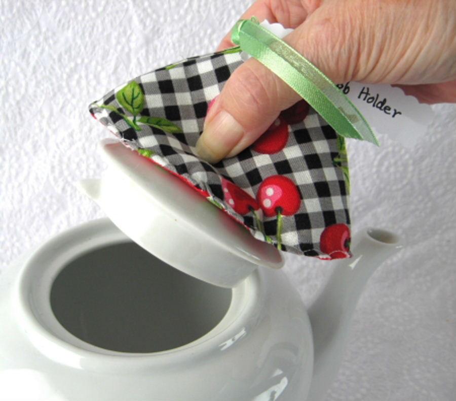 Handmade Black and White Cherry Padded Lid Knob Holder - Teapot Lid Grip for Safe and Secure Handling - Perfect for Tea Lovers, Kitchen Accessories, and Home Decor