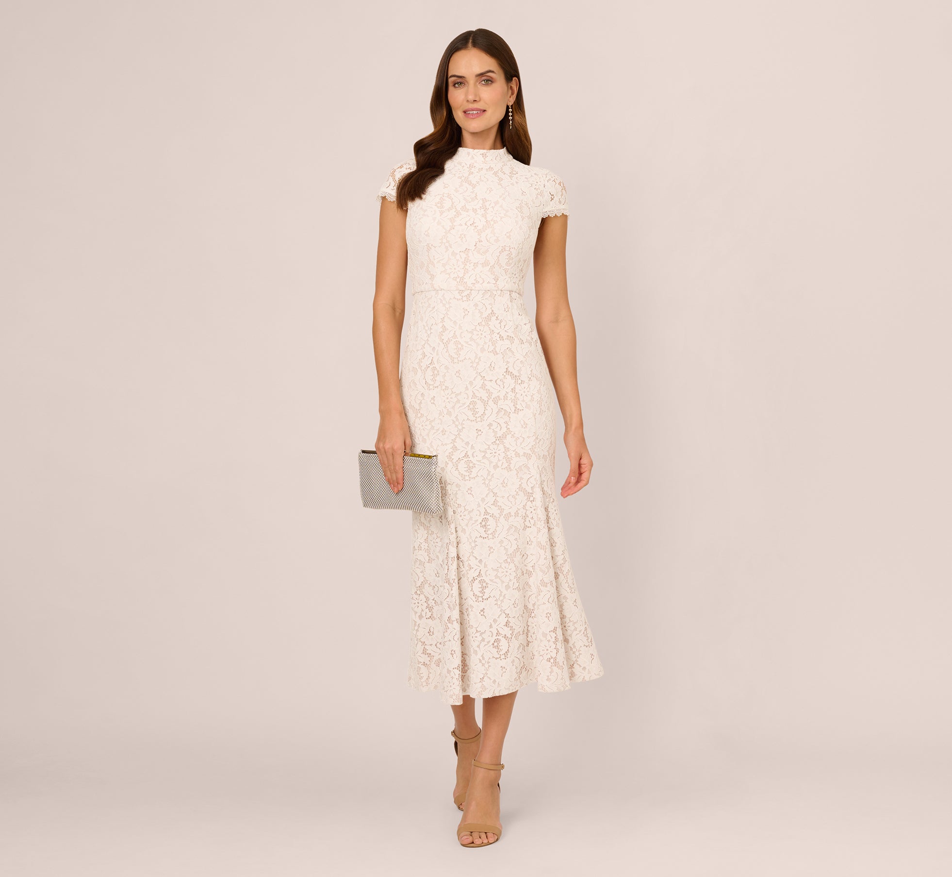 Ivory Nude Cap Sleeve Lace Midi Dress - Elegant Wedding Guest Dress for Summer Parties & Special Occasions