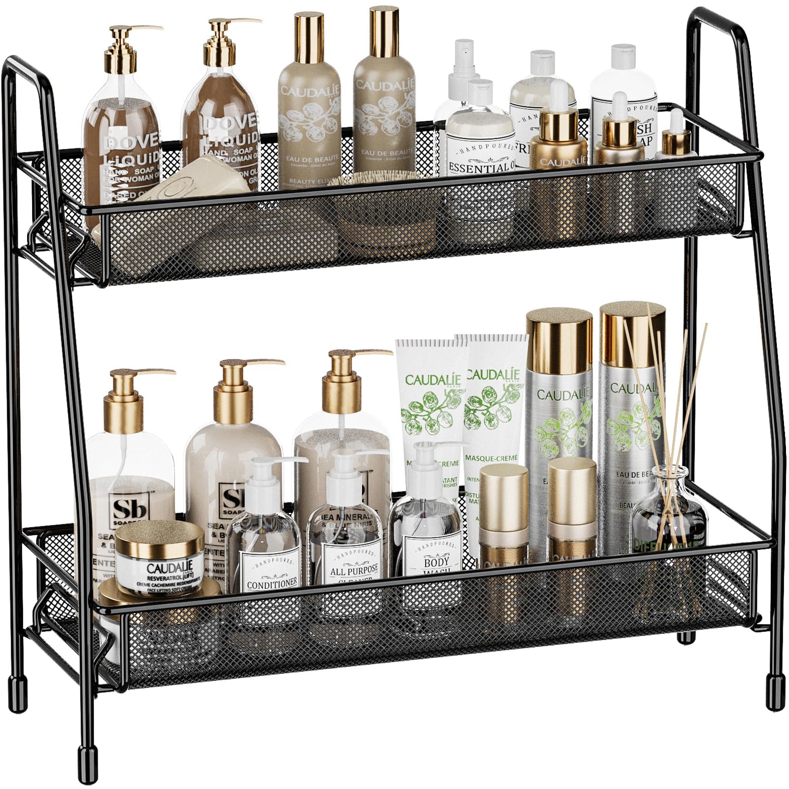 EKNITEY 2-Tier Spice Rack Organizer - Countertop & Bathroom Storage Shelf for Kitchen, Makeup, Office Supplies | Compact Space-Saving Design for Small Kitchens, Vanities & Workstations (Black)