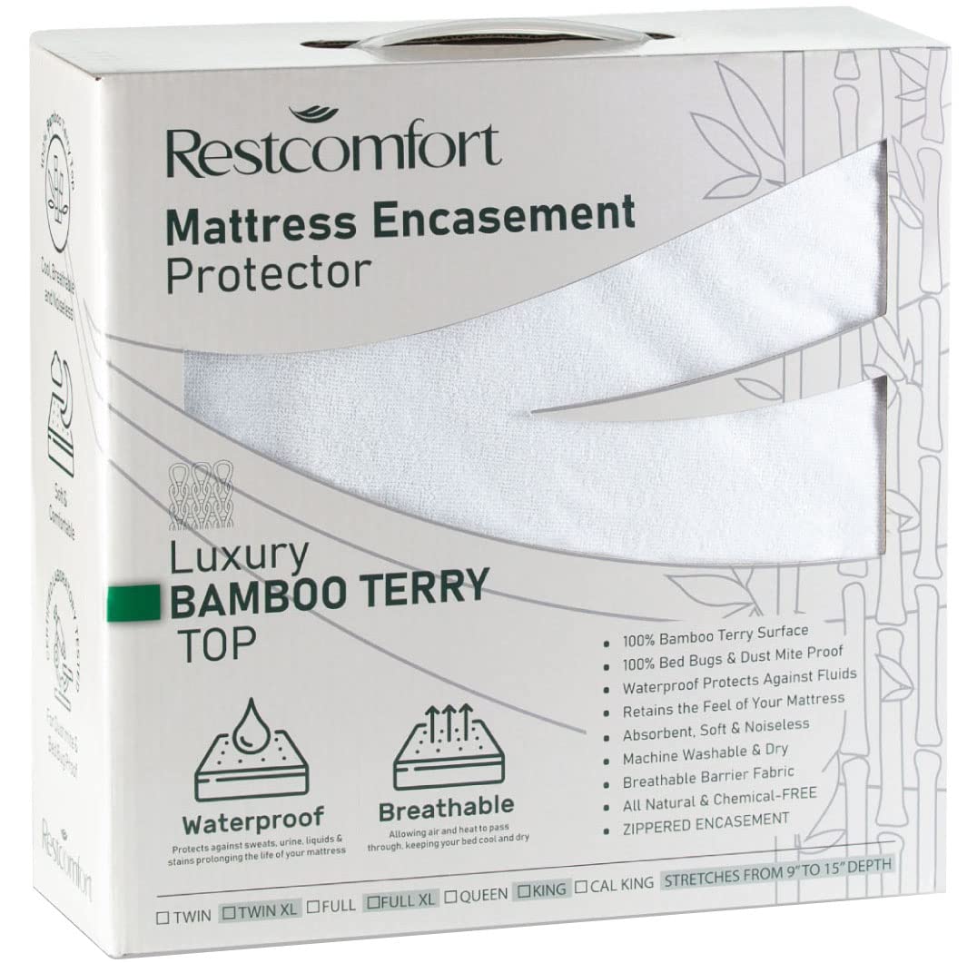 Luxury Bamboo Terry Mattress Encasement Protector - Dust Mite & Bed Bug Proof, Hypoallergenic, Water Resistant - Fits 9
