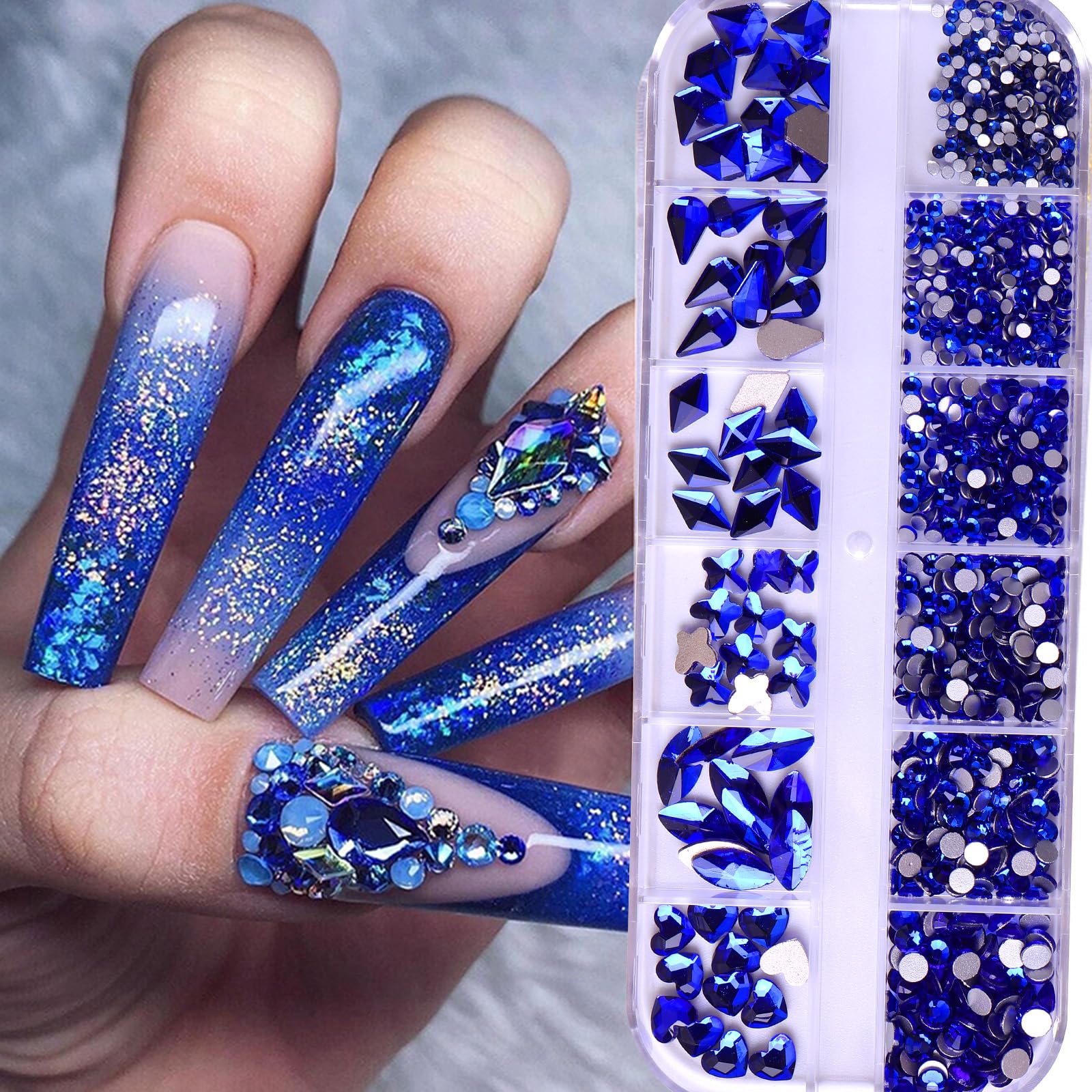 RODAKY 810Pcs 3D Rhinestones for Nails - Flatback Nail Art Gems in 6 Shapes (Blue) | DIY Nail Design, Makeup & Jewelry Craft | Perfect for Manicures, Pedicures & Party Glam Looks