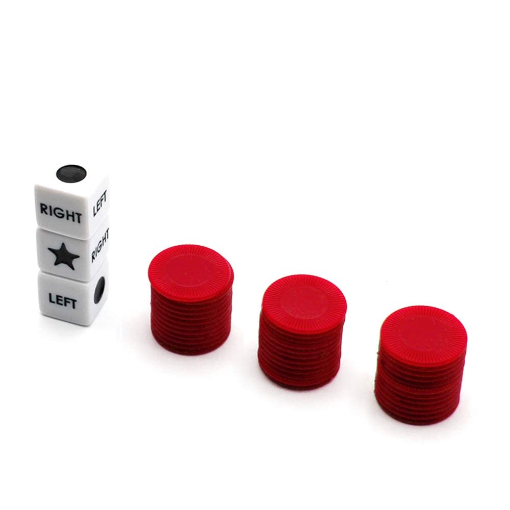 Left Right Center Dice Game Set with 3 Dice & 36 Red Chips - Fun Family Party Board Game for Adults & Kids - Perfect for Game Nights, Camping Trips & Social Gatherings