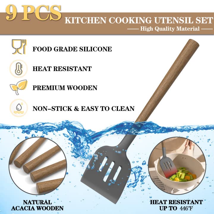 9Pcs Silicone Kitchen Utensil Set with Wooden Handle - Heat Resistant for Nonstick Cookware - Perfect for Baking & Cooking