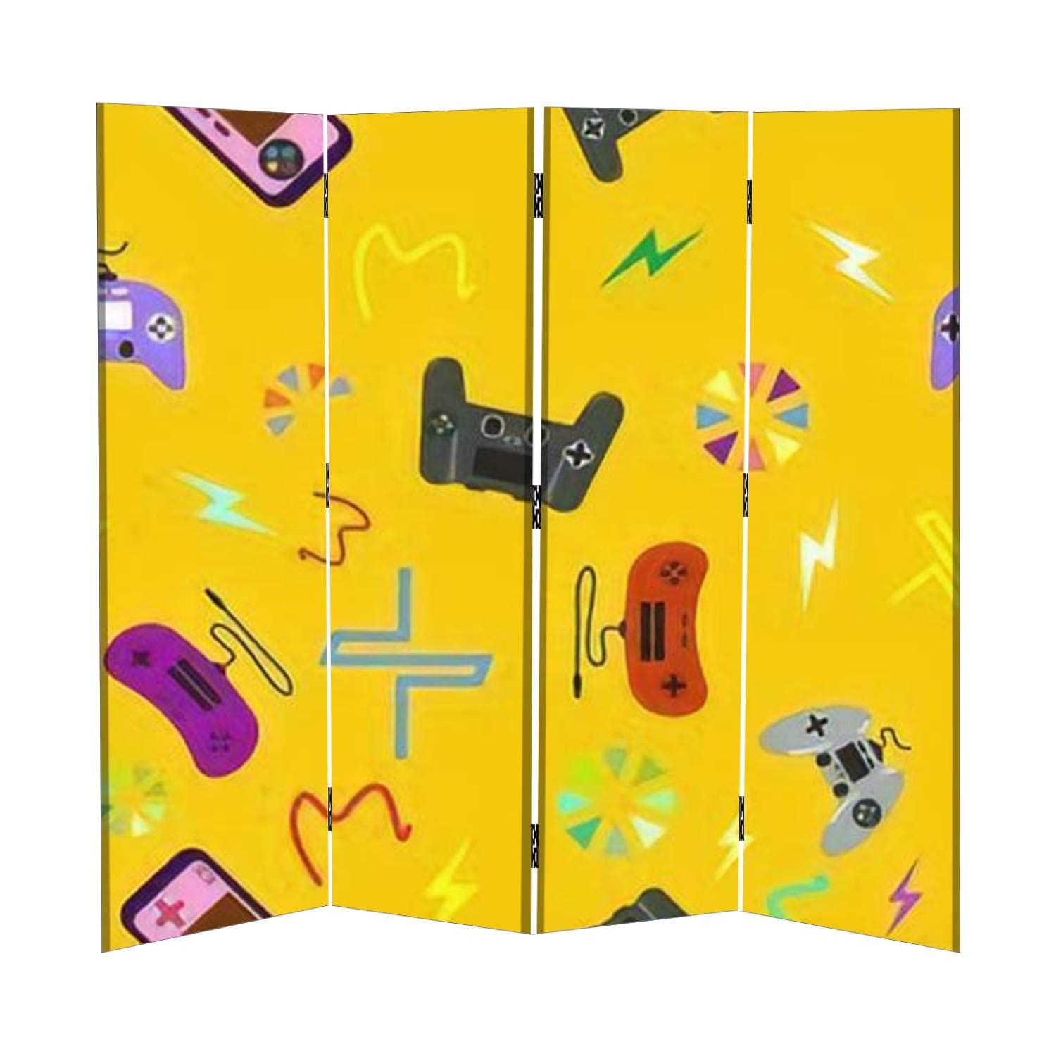 Canvas Room Divider Screen with Abstract Game Print - 4 Panel Folding Privacy Screen for Boys Room | Temporary Wall Divider for Bedroom, Office & Dorm Organization