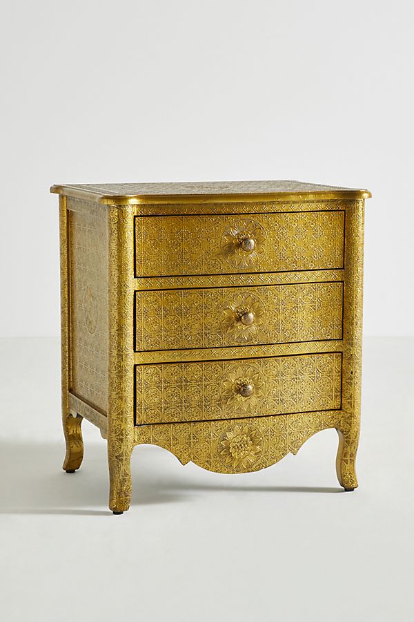 Hand Embossed Nightstand with 3 Drawers - Golden Metal Lamp Stand for Bedroom, Living Room & Office | Vintage Style Bedside Table with Storage Space