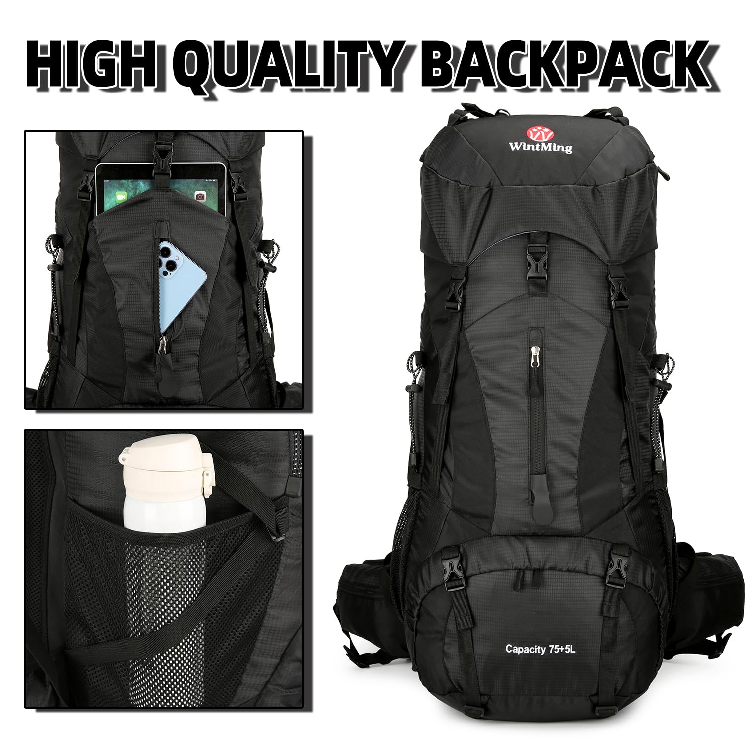 75L Waterproof Hiking Backpack for Men & Women - Lightweight Daypack for Outdoor Camping, Trekking & Travel with Rain Cover (Black) - Perfect for Backpacking, Mountain Climbing & Adventure Trips