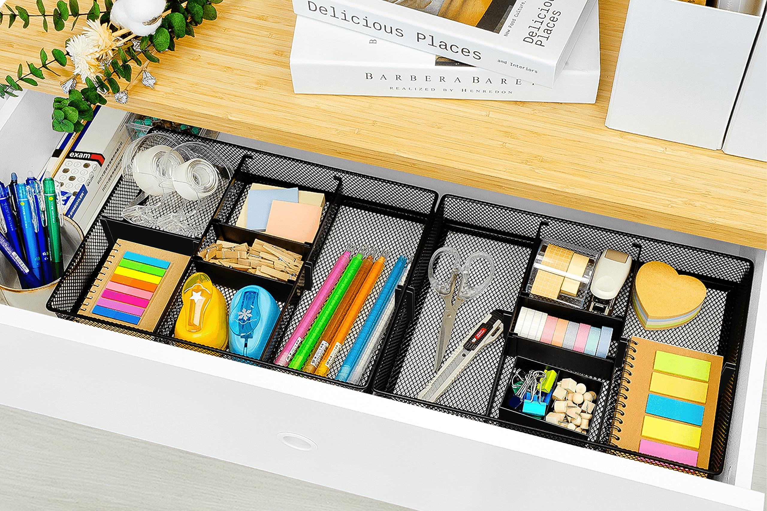 CAXXA Mesh 3-Slot Desk Drawer Organizer with 4 Adjustable Dividers - Black | Office Supplies Storage for Pens, Paper Clips & Small Items | Perfect for Home, Office & School Organization
