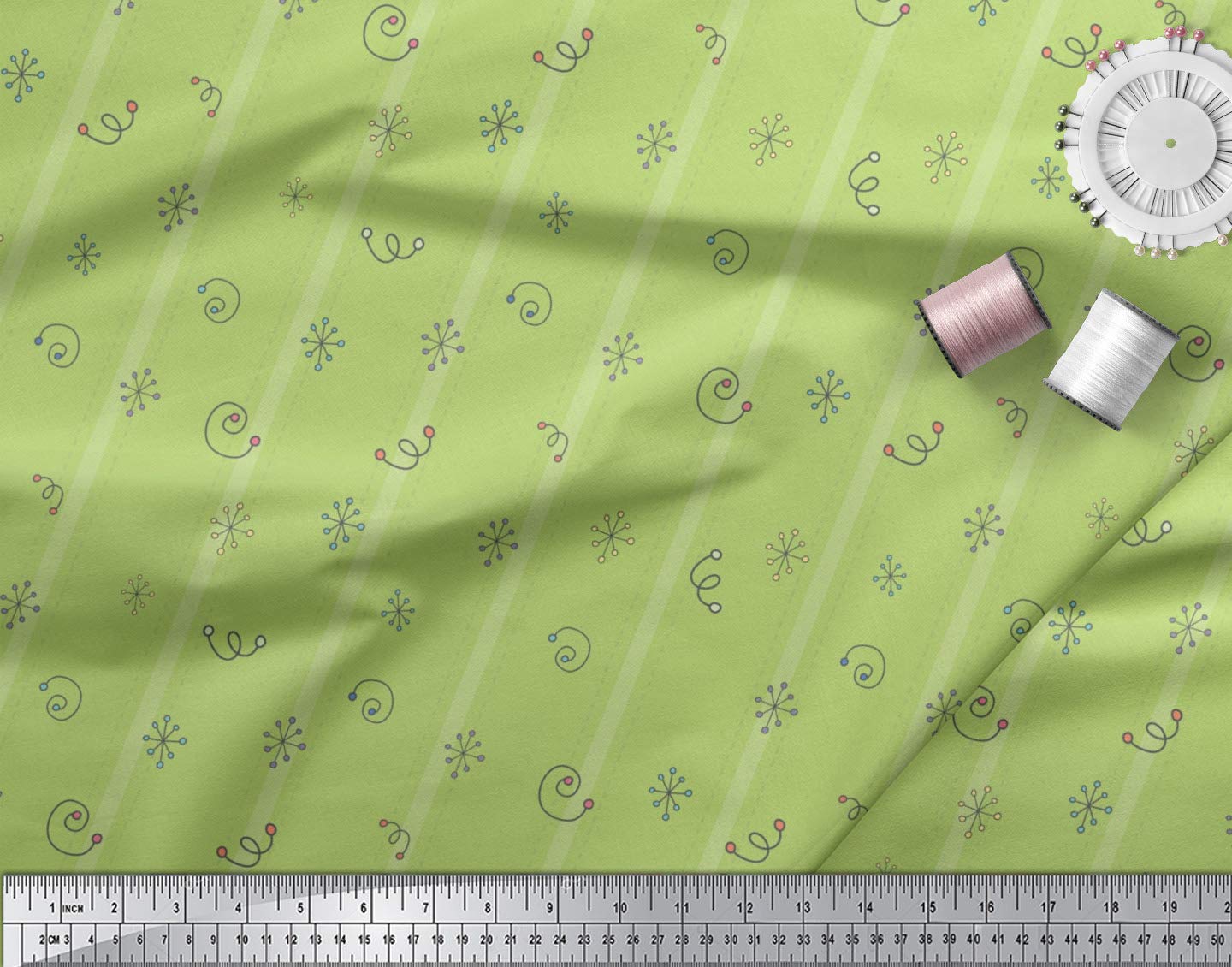 Soimoi Moss Green Georgette Fabric by The Yard - 42 Inch Wide Stripe & Square Geometric Printed Textile - Modern Chic Pattern for Dresses, Curtains, DIY Projects & Home Decor