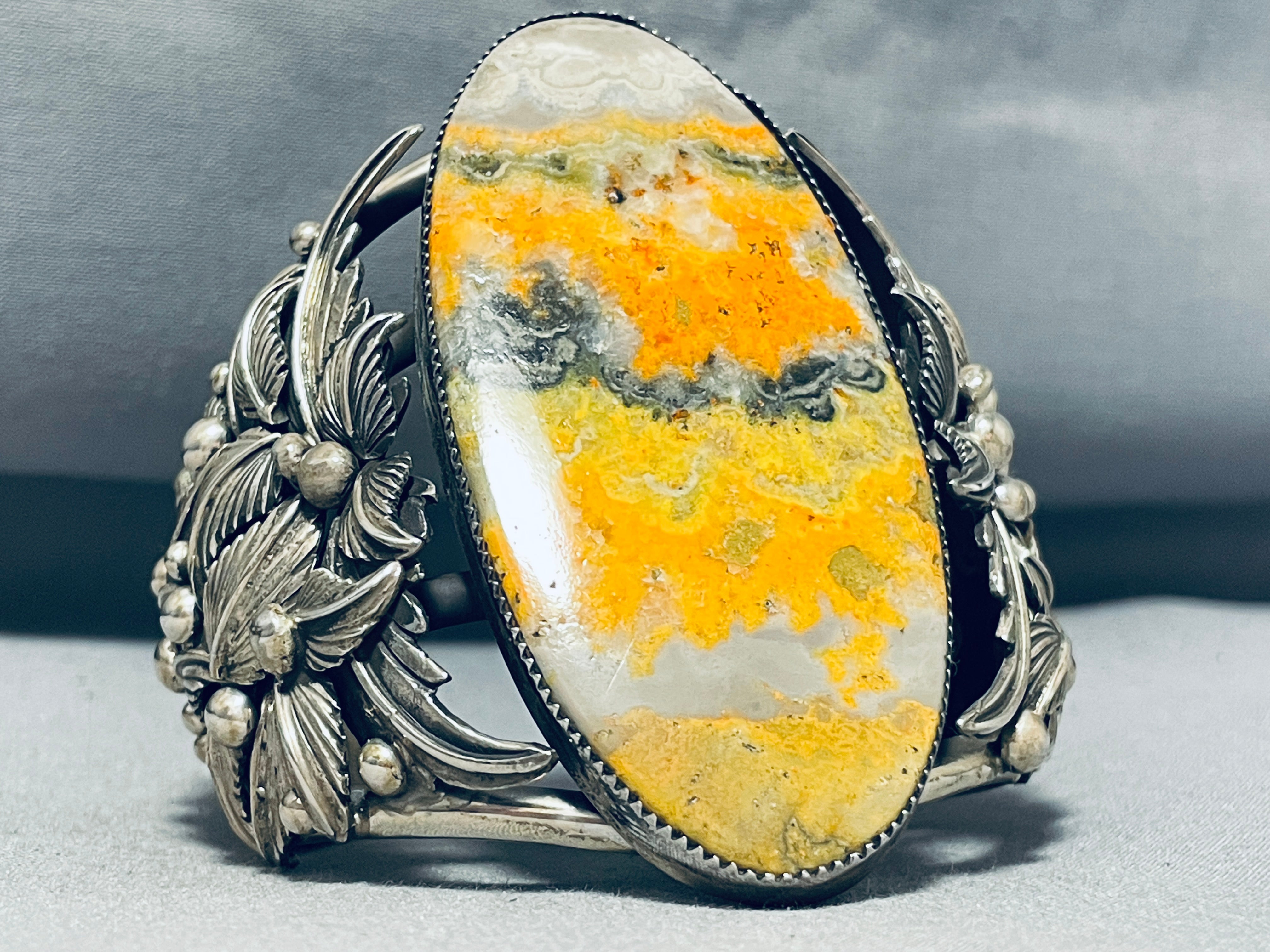 164 Grams Massive Native American Navajo Yellow Jasper Sterling Silver Bracelet - Handmade Southwest Jewelry for Women, Boho Chic Accessory, Spiritual Healing & Gift Idea