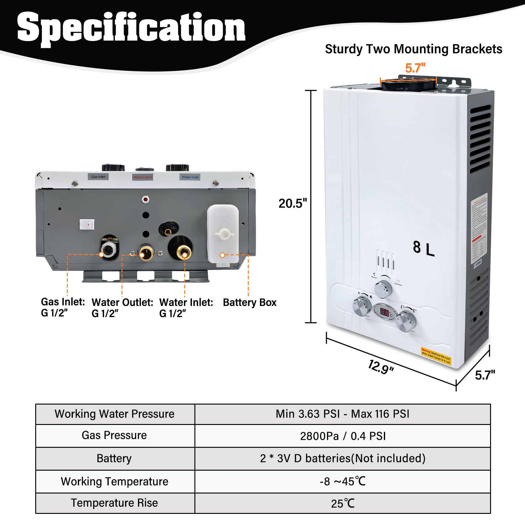 TENGCHANG 8L LPG Propane Tankless Water Heater - Instant Hot Water Boiler with Shower for Camping, RV & Outdoor Use
