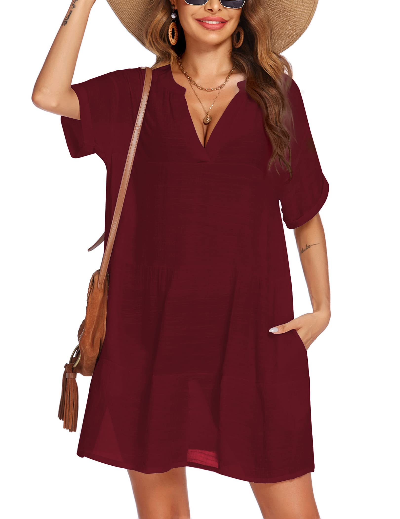 AI'MAGE Women's Swimsuit Cover Up Dress - Lightweight Bikini Beach Coverup with Pockets, A-Line Bathing Suit Wrap for Pool, Vacation & Summer Outfits
