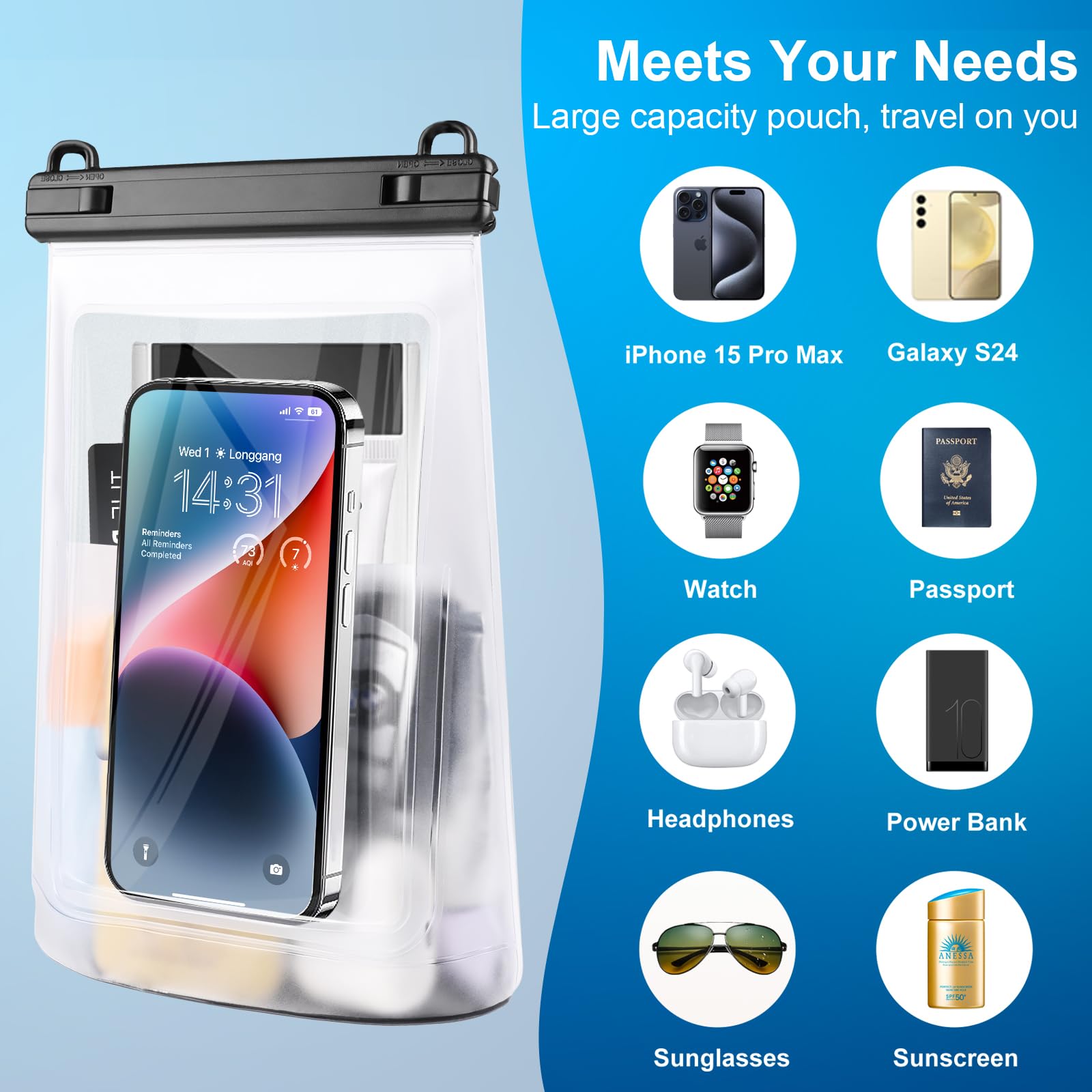 2L Waterproof Phone Pouch Dry Bag for iPhone 16 15 14 11 Pro Max & Samsung Galaxy S24 S21 - Floating Large Capacity Waterproof Case Stores Phone, Sunscreen, Sunglasses - Perfect for Beach, Swimming, Kayaking, Boating & Water Sports