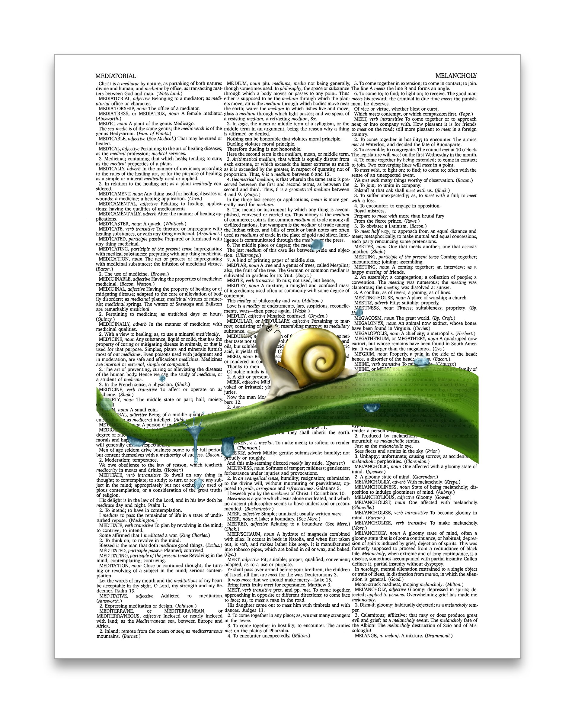 Melancholy Snail 8.5x11 Inch Vintage Dictionary Art Print - Mixed Media Wall Decor Poster on Semi-Translucent Paper for Living Room, Bedroom & Office Decor