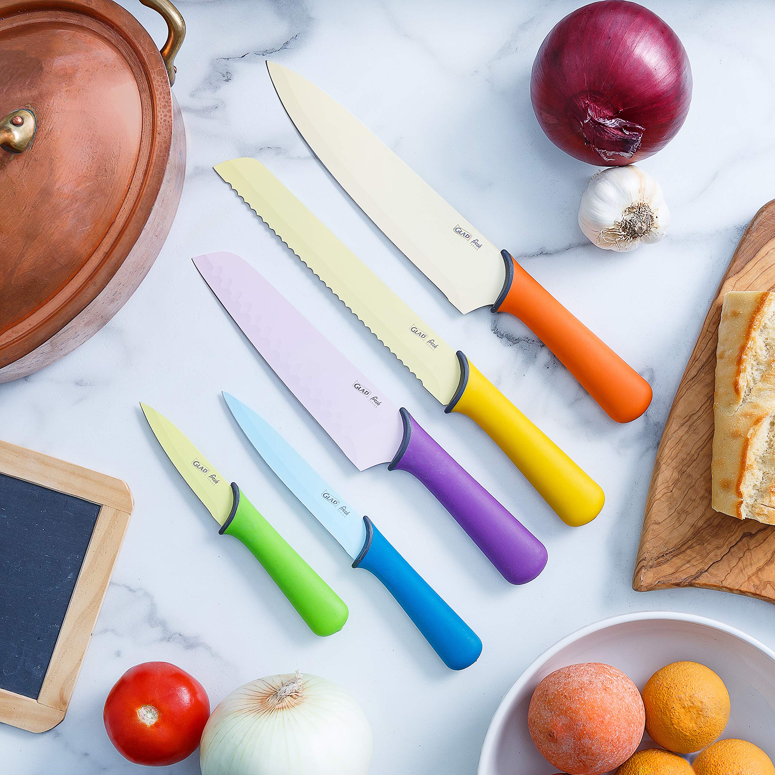 Premium GLAD Kitchen Knife Set - 6-Piece Stainless Steel Chef Knives with Protective Sheaths | Ultra-Sharp Colored Blades & Ergonomic Non-Slip Handles | Complete Cooking Essentials for Home Chefs & Culinary Enthusiasts | Perfect for Meal Prep, Slicing, Dicing & Professional Cooking