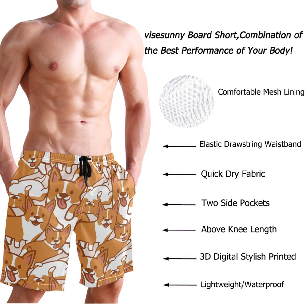 Visesunny Men's Quick Dry Swim Trunks - Summer Beach Board Shorts with Comfortable Elastic Waistband for Swimming, Surfing, and Vacation Outfits