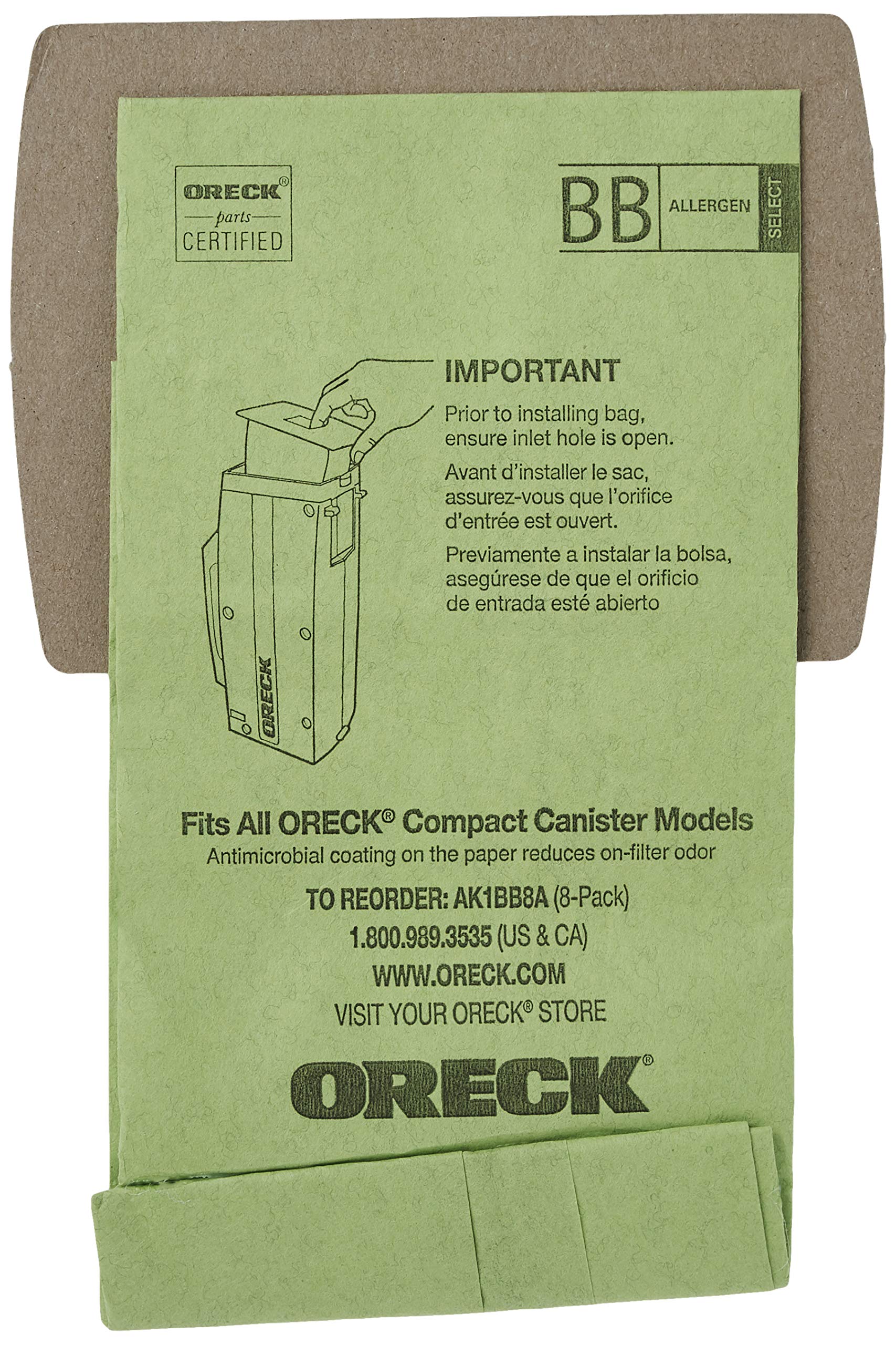 Oreck Vacuum Cleaner Bags for Buster B Canister Vacuums - 8 Pack Green Type BB Replacement Bags (Part # AK1BB8A) - Perfect for Home Cleaning, Pet Hair Removal & Allergen Reduction