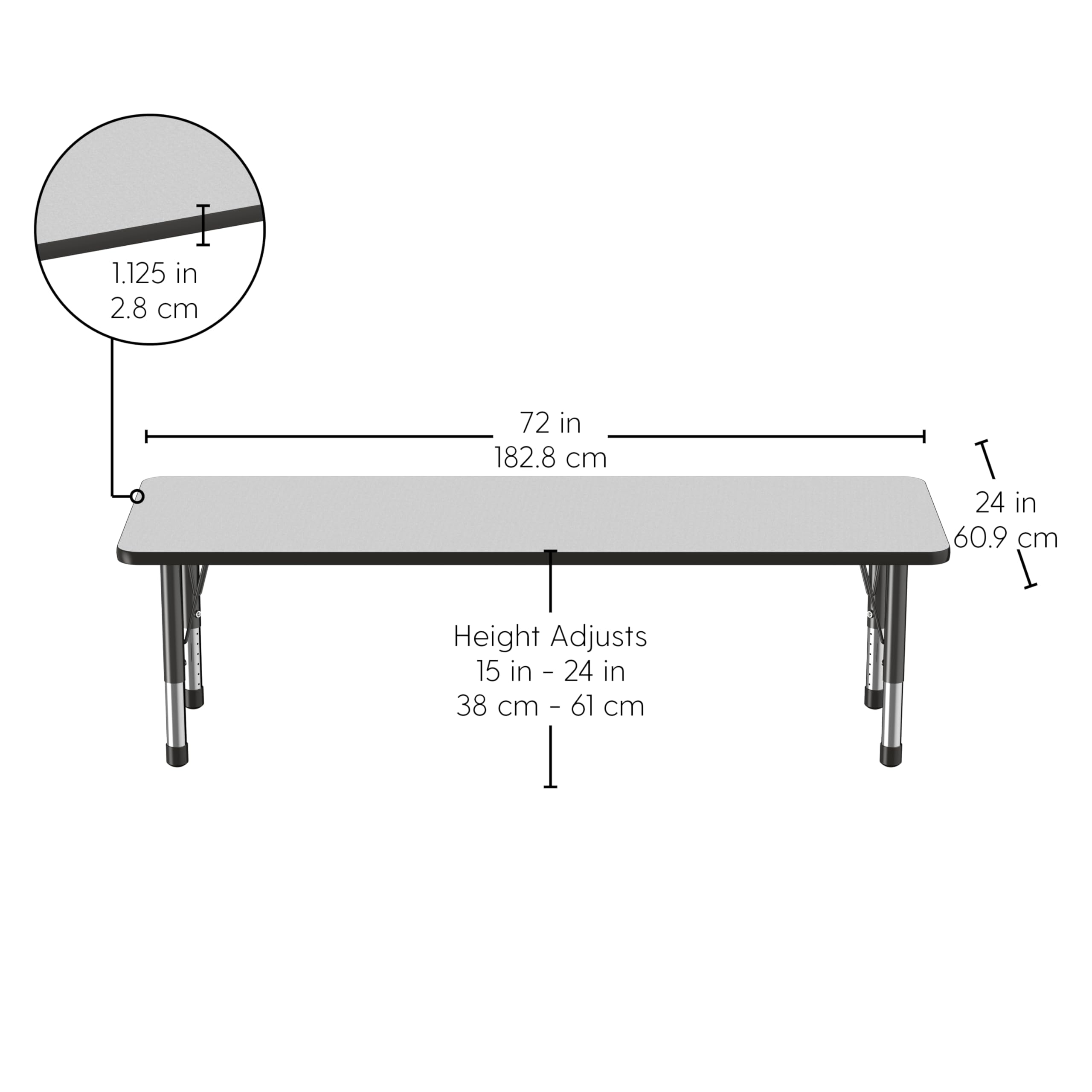 FDP Adjustable Height Kids Activity Table 24x72 Inch - Rectangle School & Classroom Table for Toddlers with Chunky Legs, Gray Top & Black Edge - Perfect for Preschool, Daycare & Home Learning