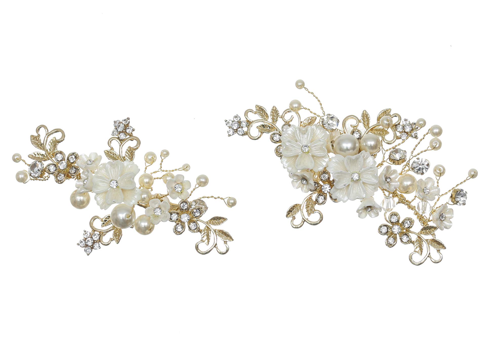 SAMKY Handmade White Pearl Crystal Flower Hair Clips for Women - Gold T1213 | Elegant Bridal Hair Accessories, Prom, Wedding & Party Hair Jewelry