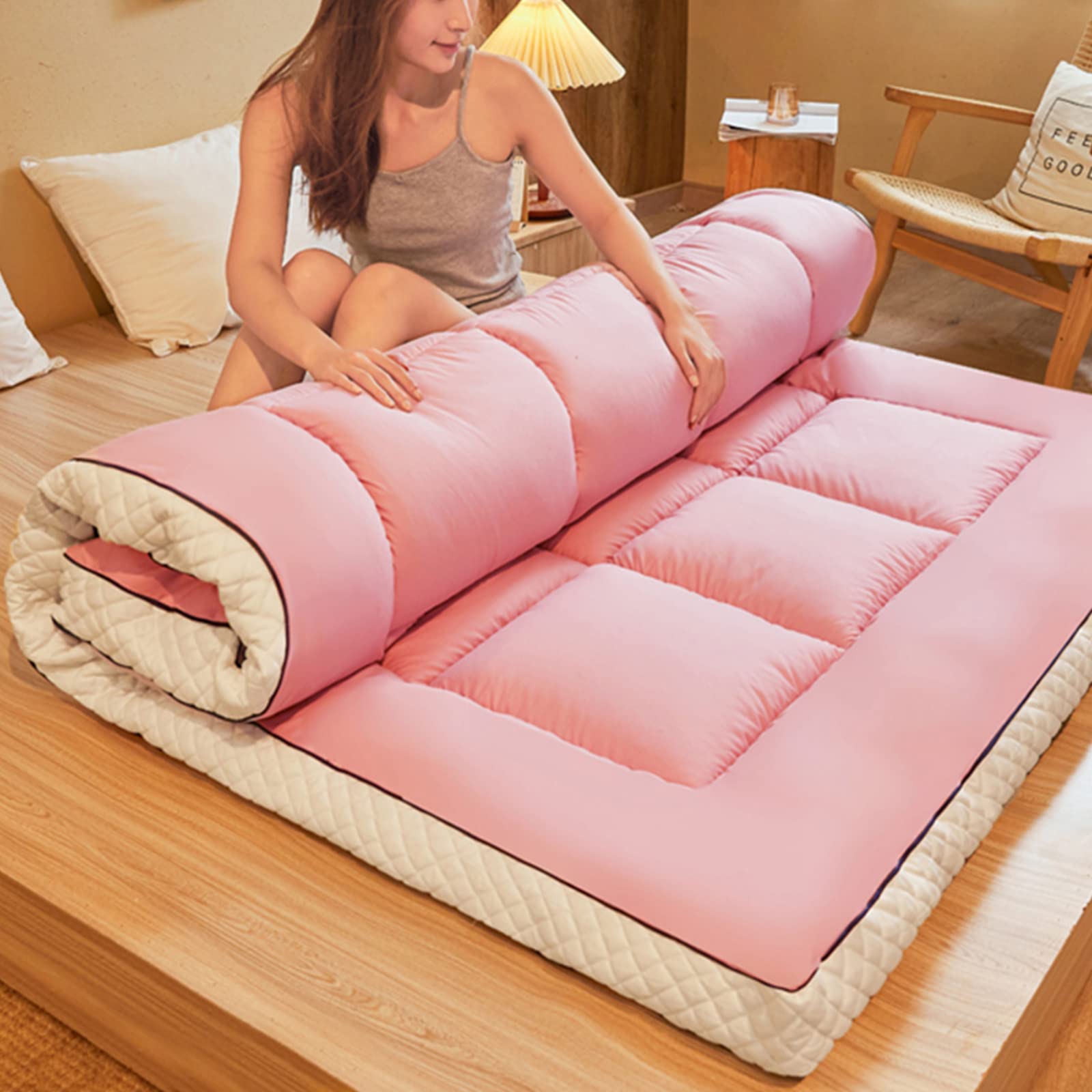 Japanese Futon Mattress - Thick Roll Up Winter Quilted Floor Mattress, Portable Folding Tatami Sleeping Pad for Camping, Couch & Guest Bed - Pink 150x200cm (59x79in) - Perfect for Small Spaces, Sleepovers & Cozy Nights