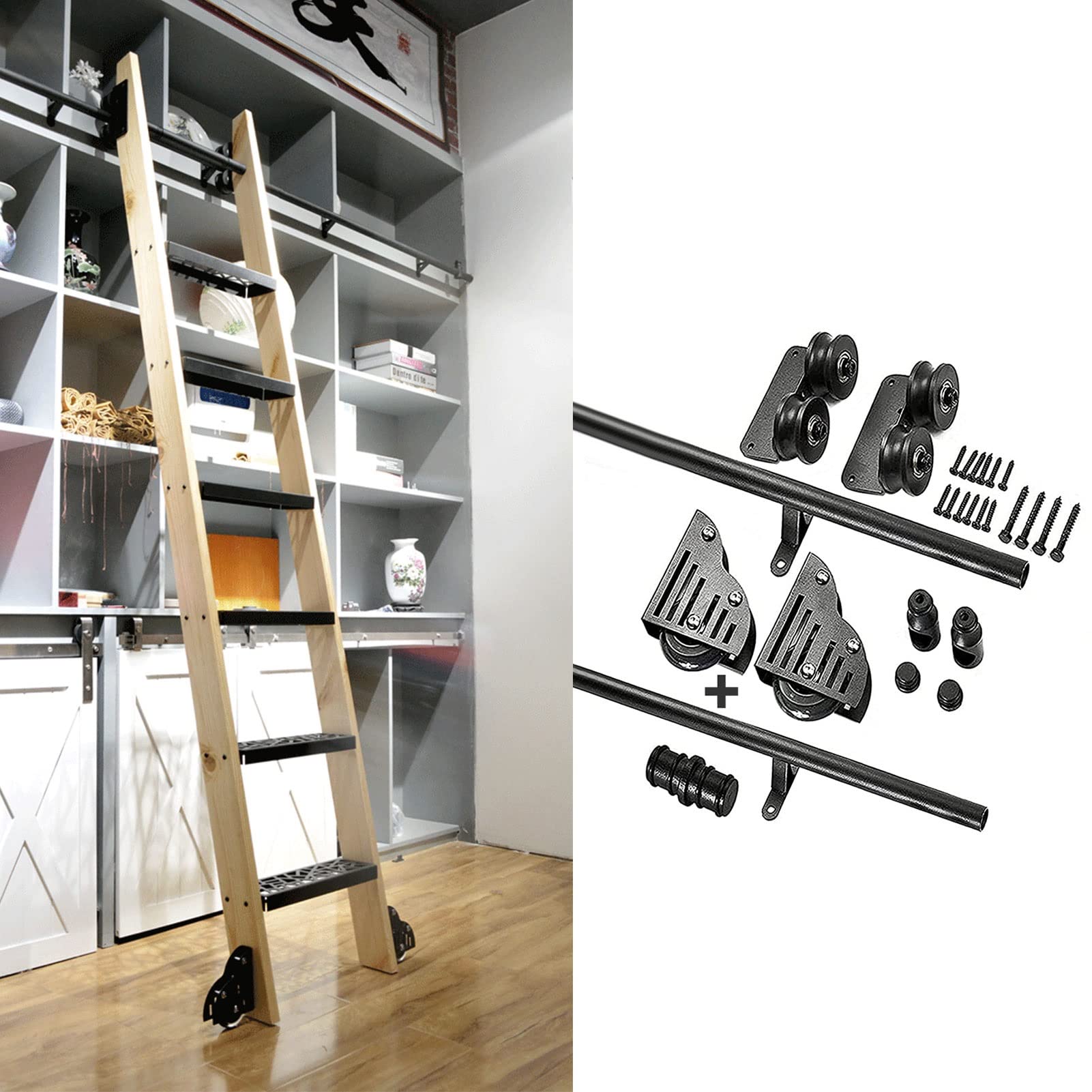 Rustic Black Sliding Barn Door Hardware Kit with Roller Wheels for Floor - No Ladder Needed (3.3ft to 20ft) - Perfect for Home Library, Bedroom, or Office Space