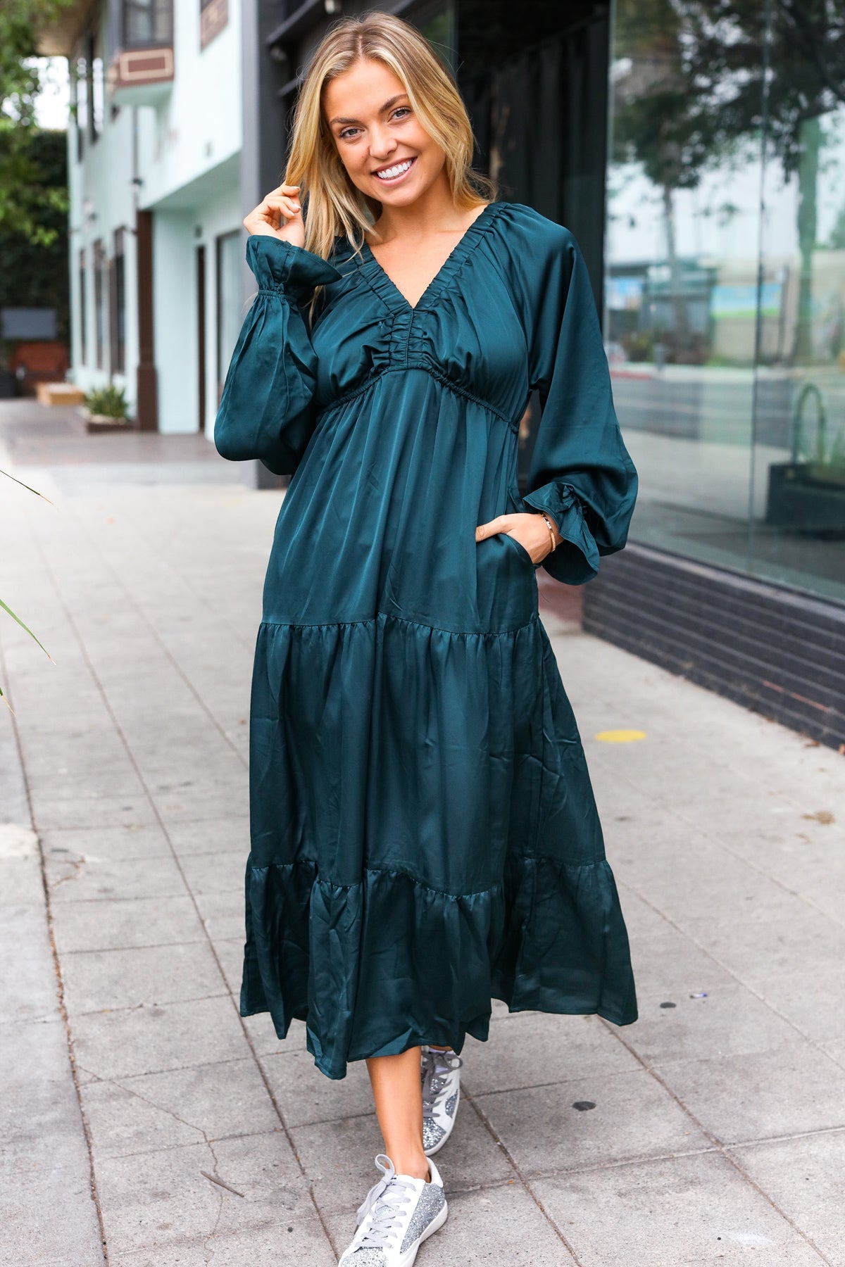Elegant Hunter Green Elastic V-Neck Tiered Satin Maxi Dress for Women - Perfect for Weddings, Parties & Special Occasions