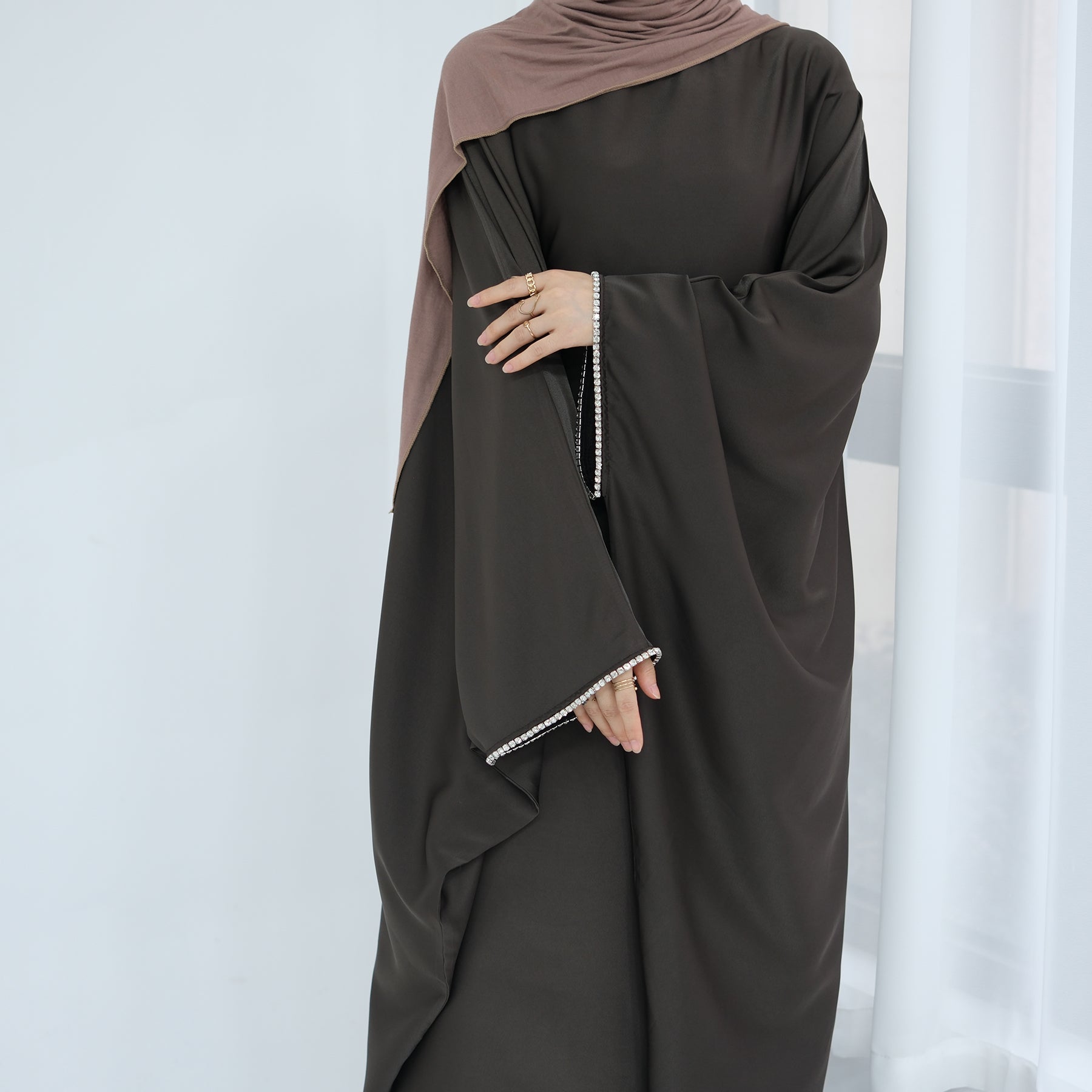 Davina Butterfly Satin Abaya Coffee - Elegant Muslim Prayer Dress for Women, Modest Long Sleeve Kaftan for Special Occasions & Daily Wear