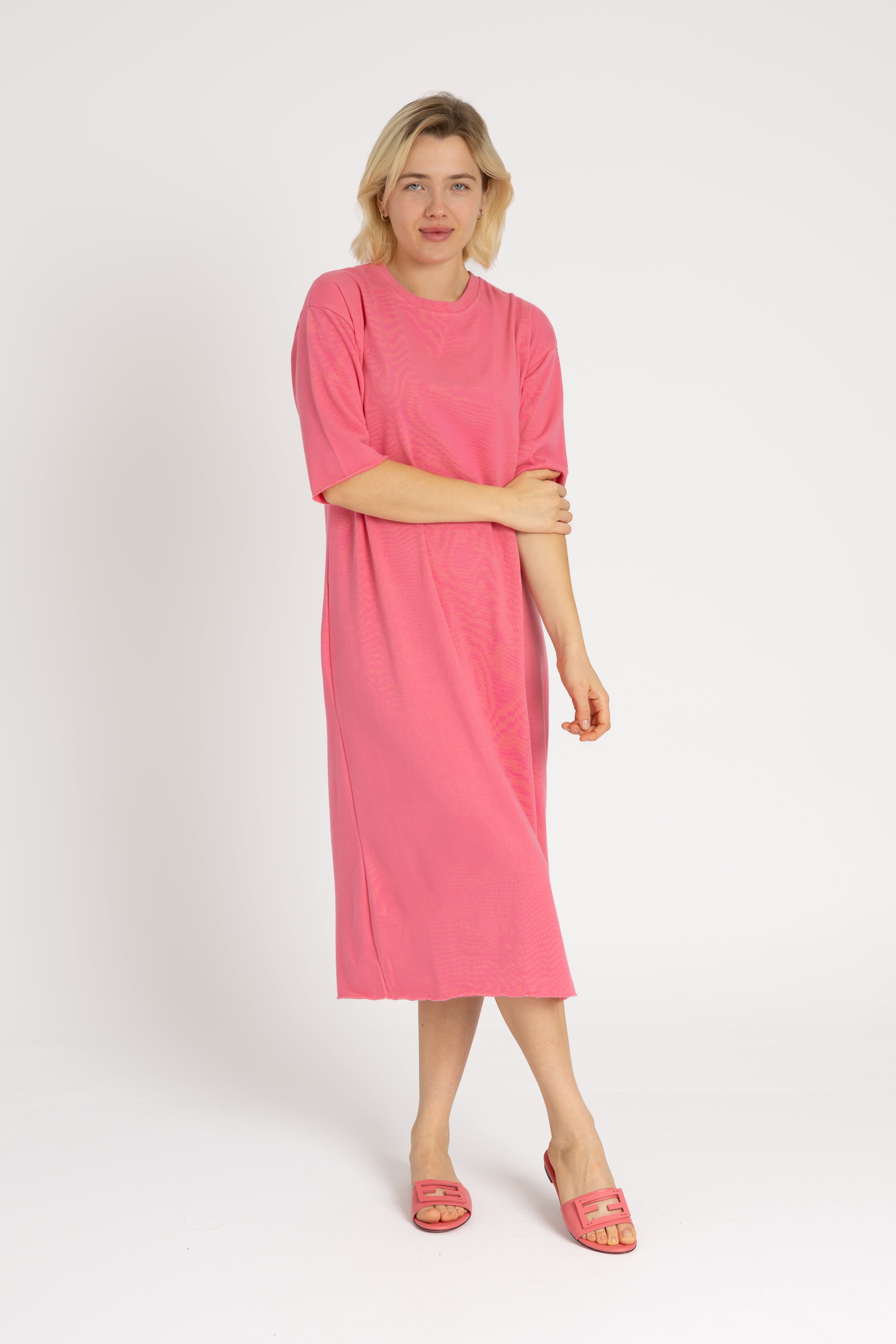 Pink Terry Midi Dress for Women - Soft Cotton Summer Casual Dress with Pockets - Perfect for Beach, Vacation and Everyday Wear