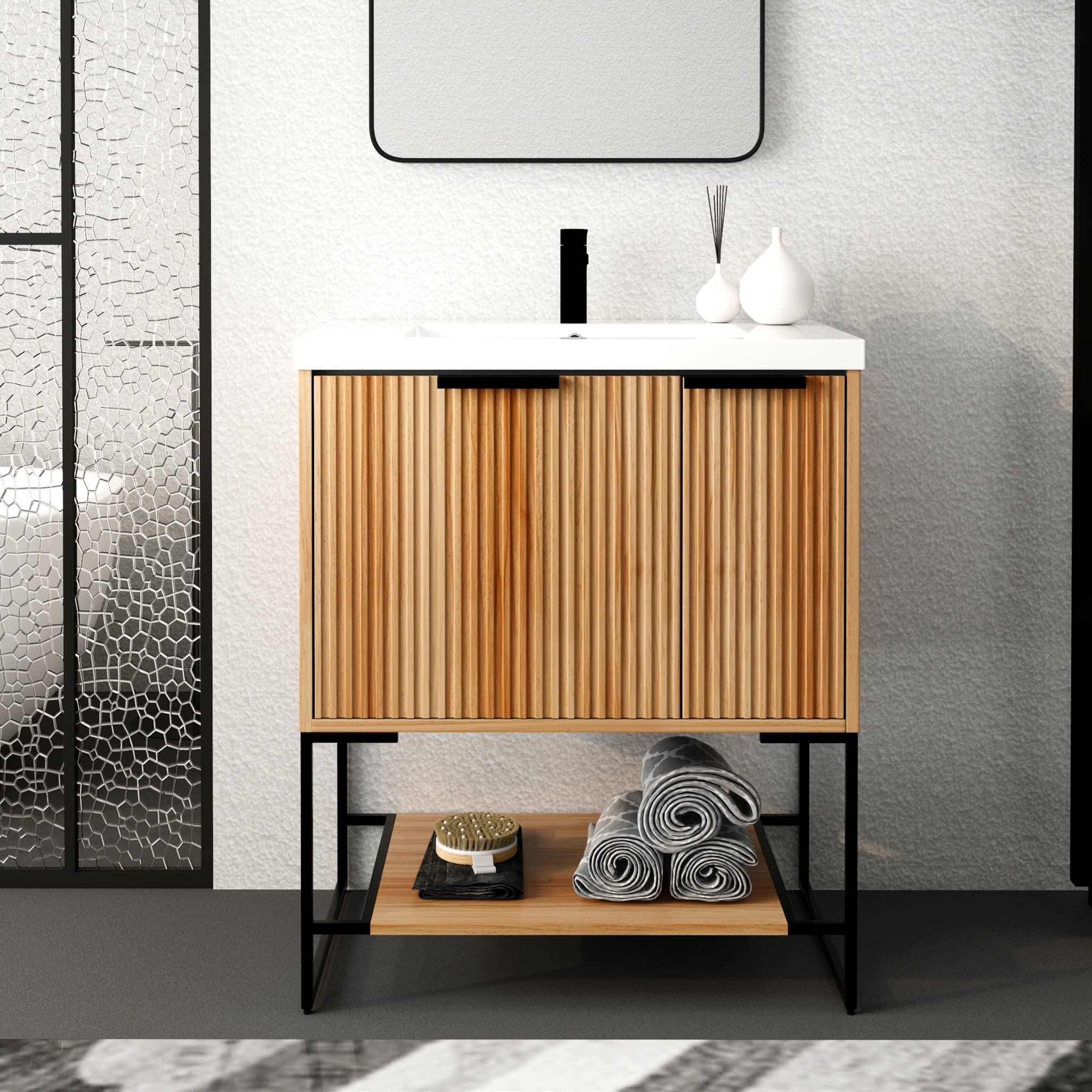 Yoluckea 30-Inch Modern Maple Wood Bathroom Vanity Set with Resin Sink Basin - Freestanding Small Bathroom Cabinet with Drawer, Door & Storage Shelf - Perfect for Compact Spaces, Powder Rooms & Apartment Bathrooms