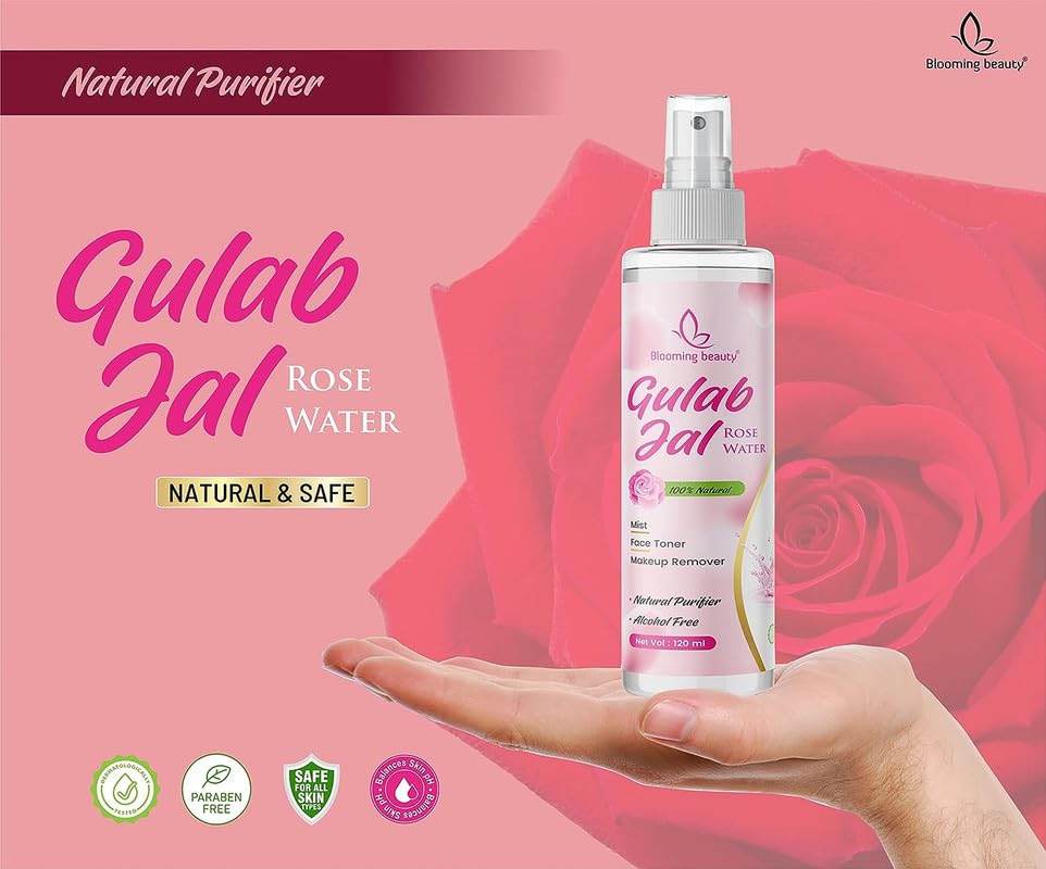 Pure & Natural Rose Water Spray for Face & Skin | Blooming Beauty Rose Petals Gulab Jal | Hydrating & Refreshing Facial Mist for Women (120ml, Pack of 4) – Perfect for Skincare Routine, Makeup Setting & Summer Refreshment