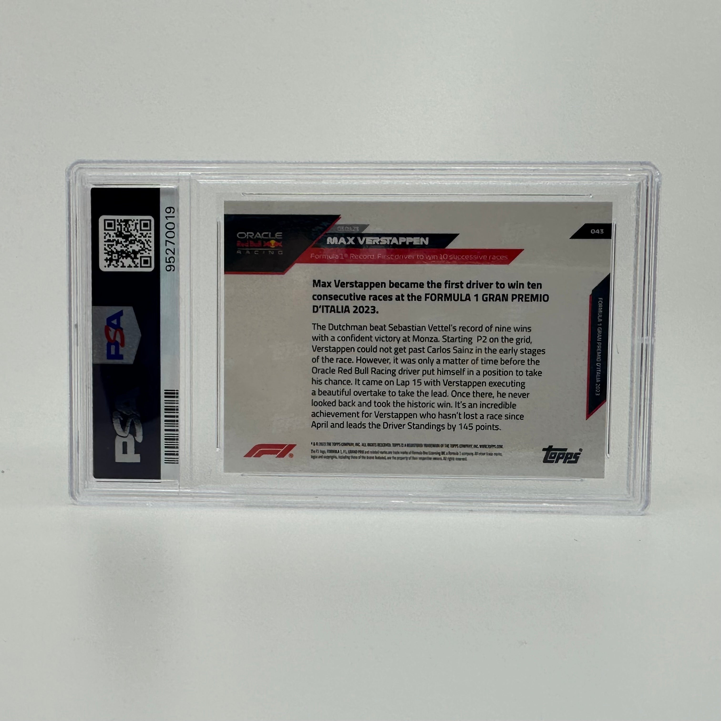 PSA 9 Graded Max Verstappen 2023 Topps Now #43 Formula 1 Trading Card - 10 Wins Season Commemorative Edition - Perfect for F1 Collectors and Racing Fans Display