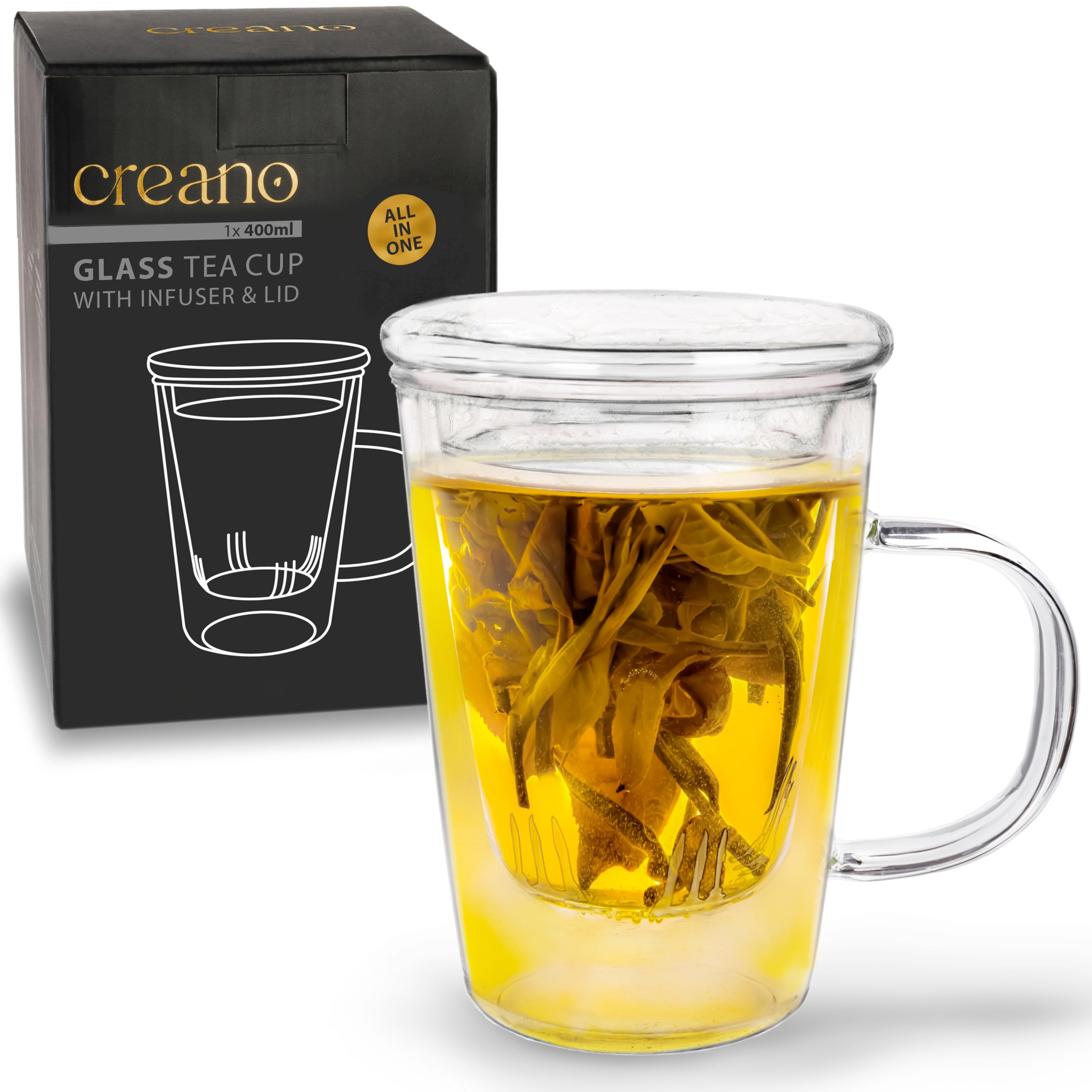 Creano 400ml Glass Tea Cup with Strainer & Lid - Premium Loose Leaf Tea Infuser for Hot & Iced Tea - Perfect for Home, Office, and Gifts
