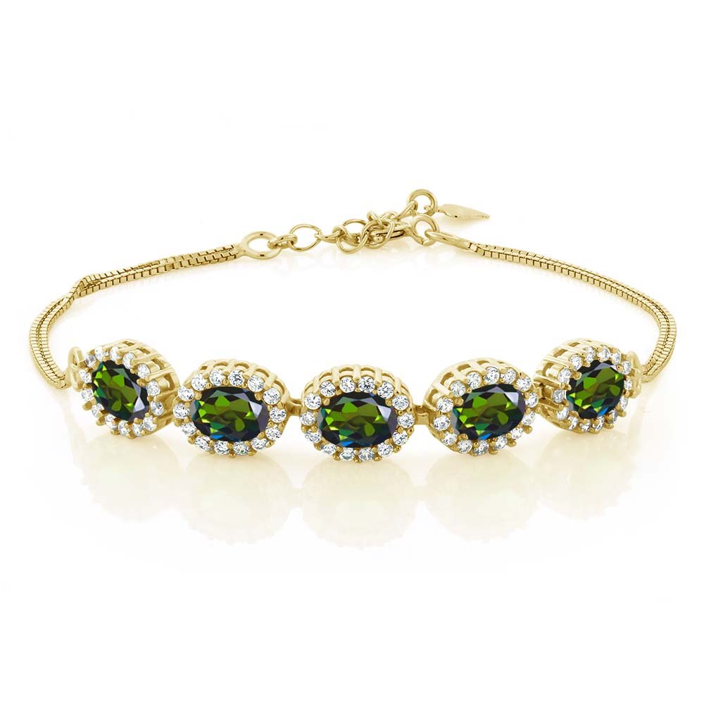 Gem Stone King 7X5MM Oval Cut Birthstone Tennis Bracelet for Women - 18K Gold Plated Sterling Silver | 7 Inch Adjustable Chain with 1.5 Inch Extender | Elegant Jewelry Gift for Mom, Wife, Anniversary, Birthday | Perfect for Weddings, Parties & Special Occasions