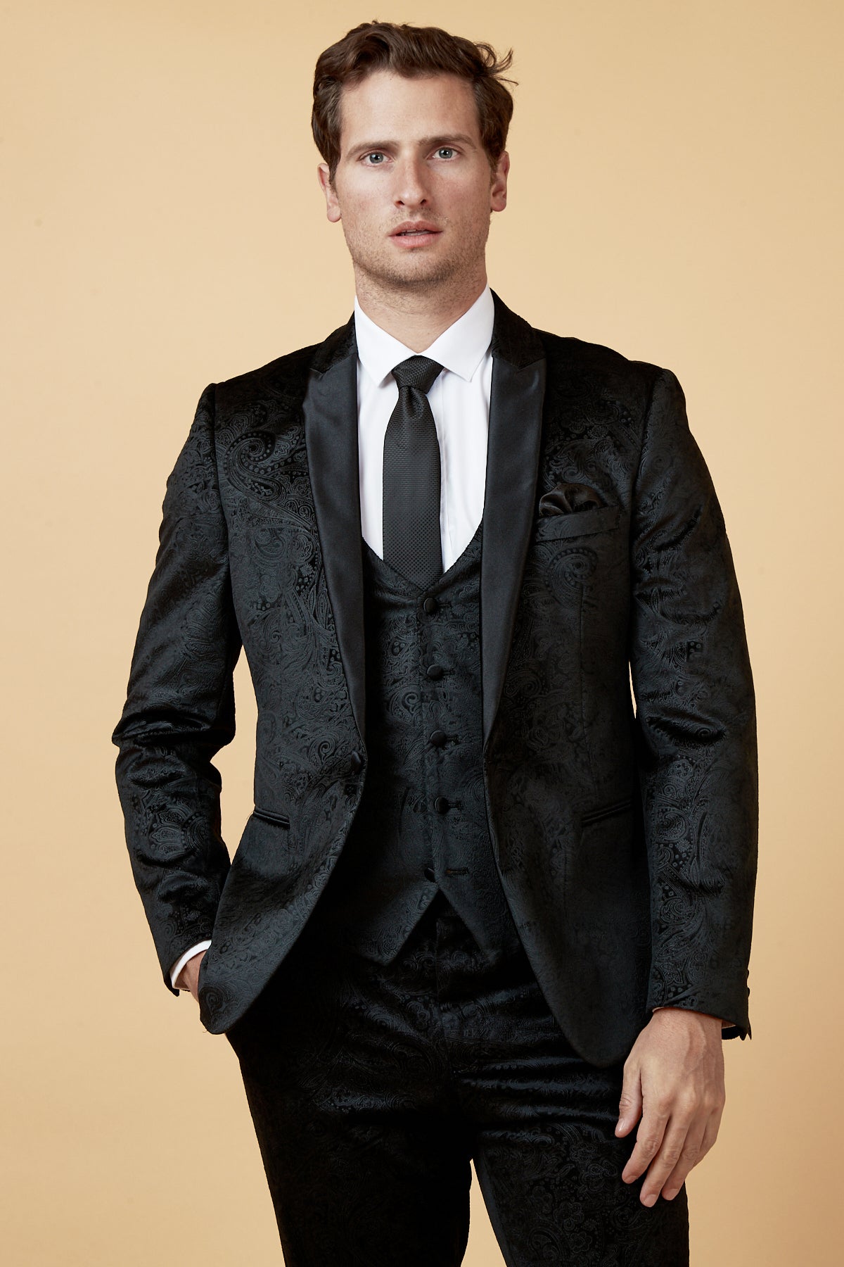 SIMON Black Velvet Tux Lapel Jacquard Blazer for Men | Formal Dinner Jacket | Wedding, Prom & Evening Wear