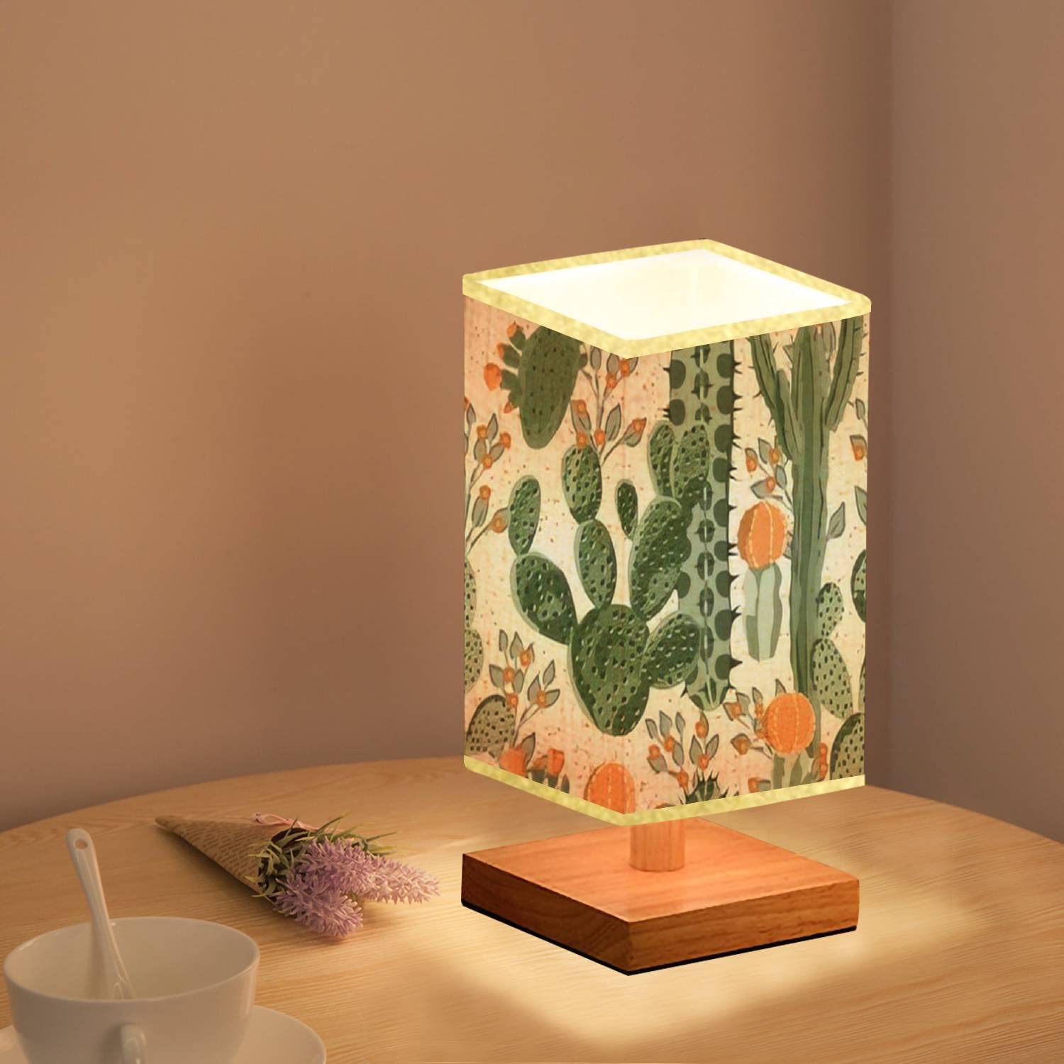 Dimmable Square Bedside Table Lamp with Green Succulent Cactus & Orange Flowers Design - Wooden Base & Flaxen Fabric Shade for Bedroom, Living Room, Office - Perfect Nightstand Lamp for Reading, Relaxing & Home Decor