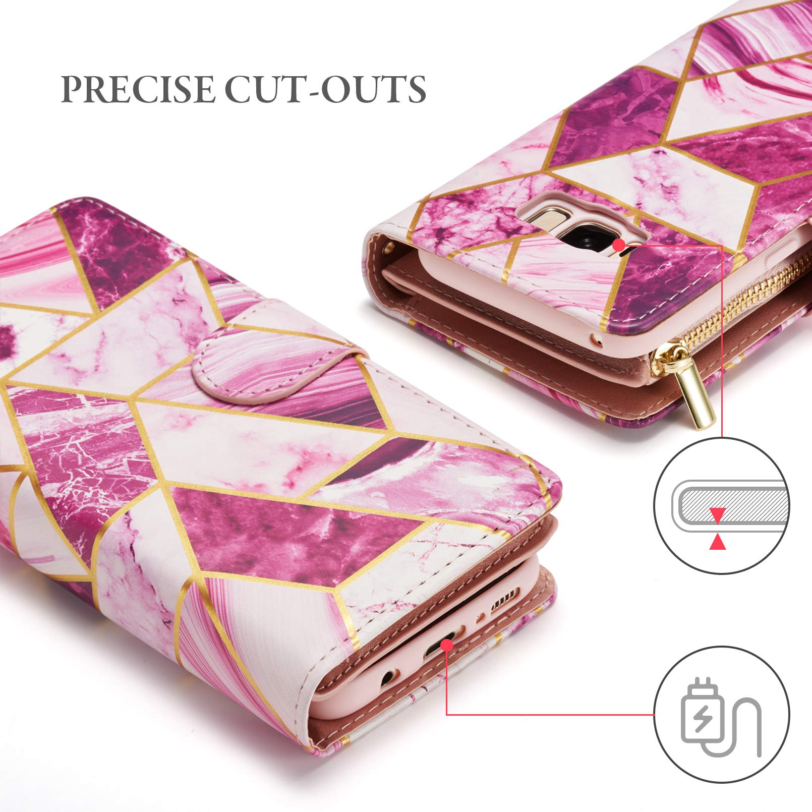 Premium PU Leather Wallet Case for Samsung Galaxy S8 - Geometric Zipper Design with Card Slots, Kickstand & Wrist Strap | Magnetic Closure | Marble Purple | Perfect for Work, Travel & Everyday Use