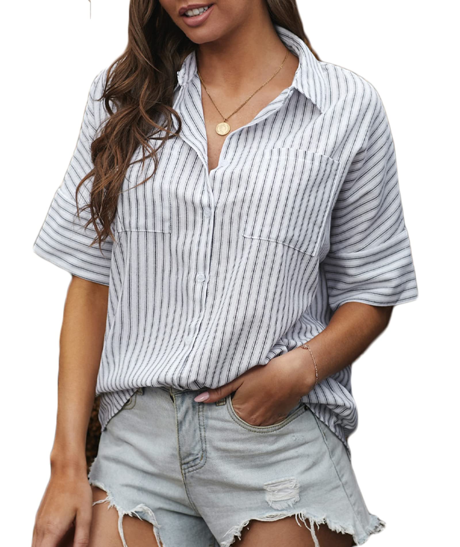 Deer Lady Women's Stretch Short Sleeve Button Down Shirt - Comfortable Work Blouse for Office, Business Casual & Everyday Wear