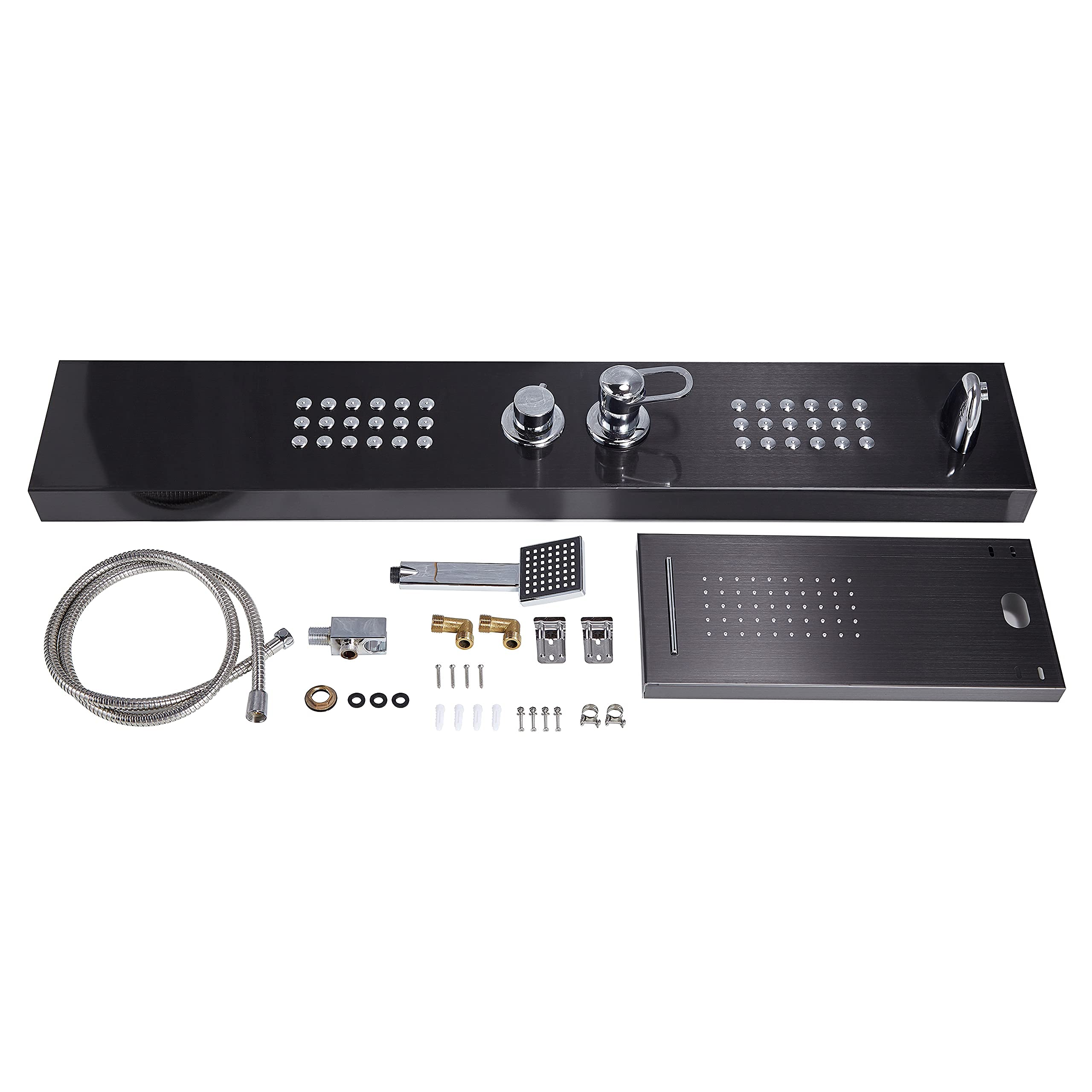 Delavin Multi-Function Shower Panel System - Stainless Steel Rainfall & Waterfall Shower Tower with Body Jets, Tub Spout & Handheld Shower | Brushed Black Finish | Perfect for Luxury Bathroom Renovation & Spa-Like Shower Experience